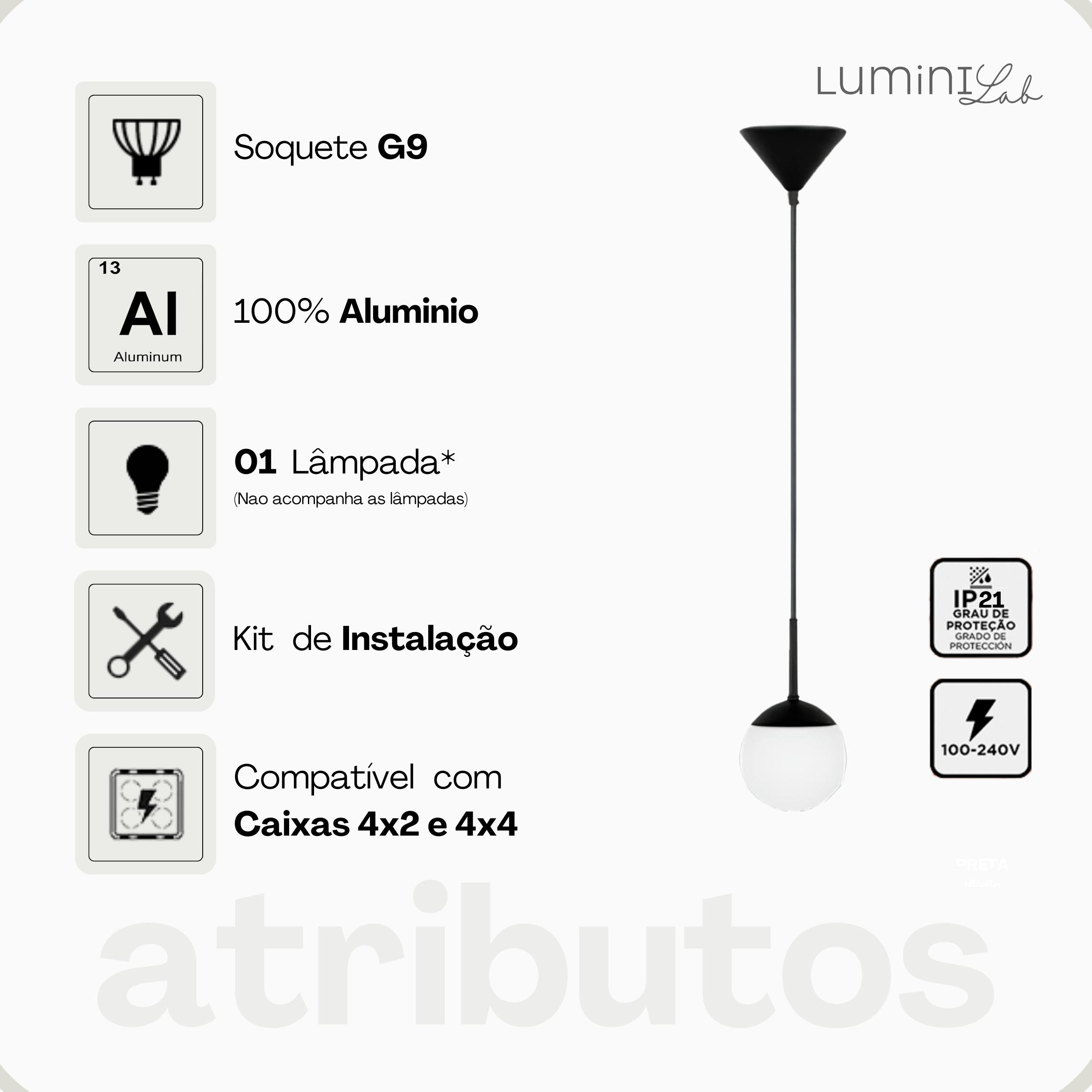 Pendente Orbe Aluminio D12 Teto G9 1 Luz Lumini Lab