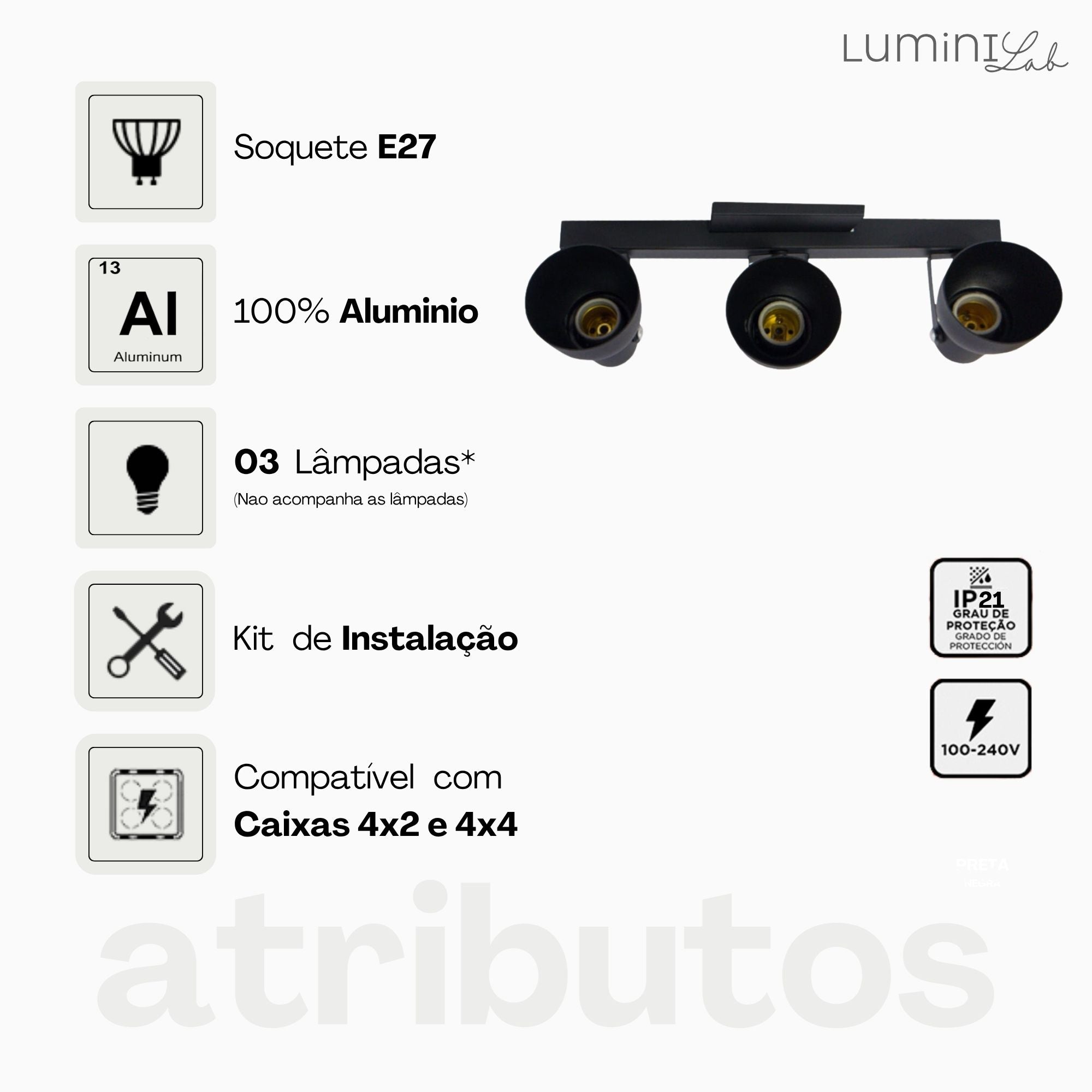 Spot Trilho Popular Aluminio Teto 3 Luzes E27 Bivolt Lumini Lab