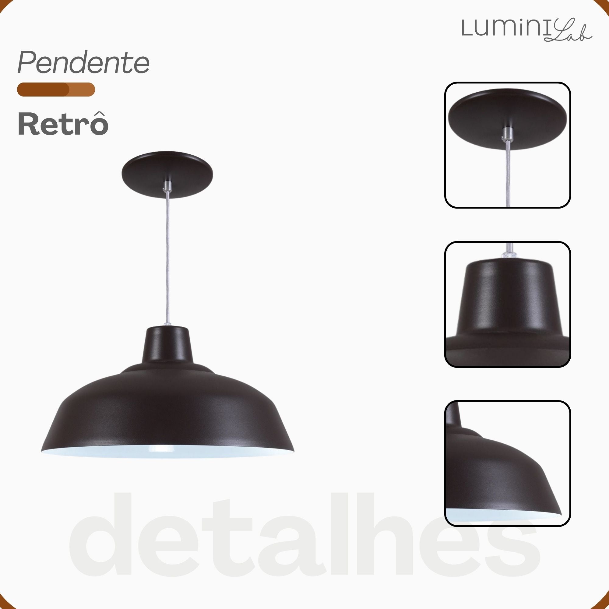 Pendente Retro Aluminio Teto Cabo 1 metro 1 Luz E27 Bivolt Lumini Lab