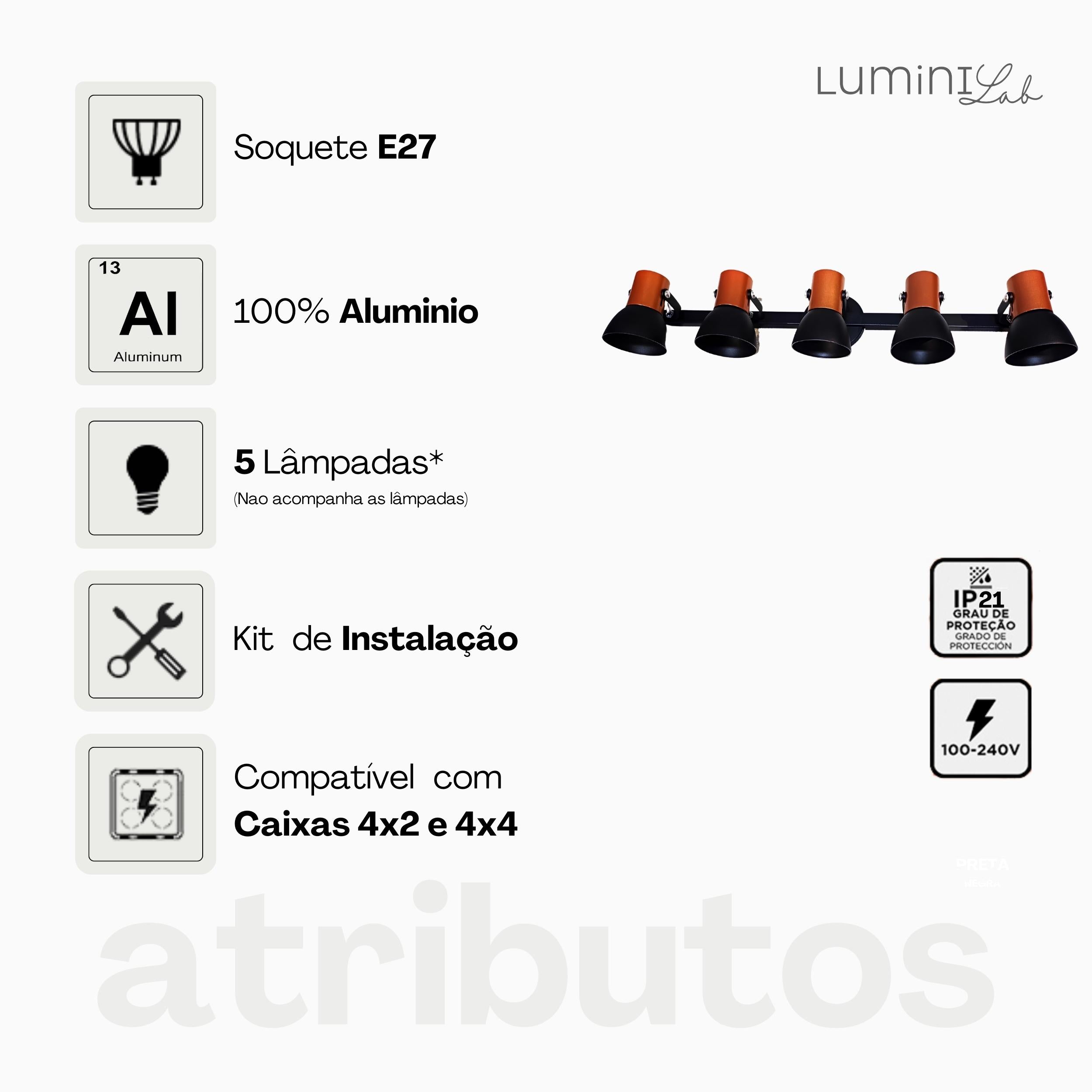 Spot Trilho Light Aluminio Teto E27 5 Luzes Lumini Lab