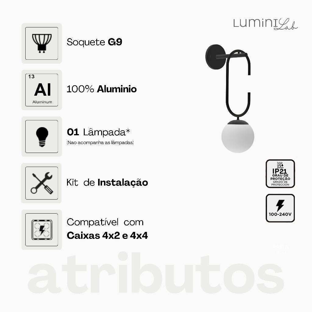 Arandela Earring Aluminio Parede 1 Luz G9 D12 Bivolt Lumini Lab