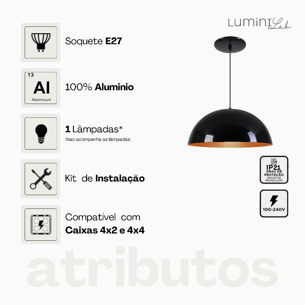Pendente Meia Lua 48 cm Aluminio Teto E27 1 Luz Lumini Lab