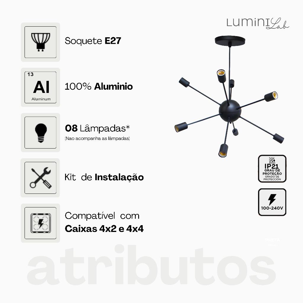 Pendente Sputnik Aluminio 8 Luzes E27 Lumini Lab