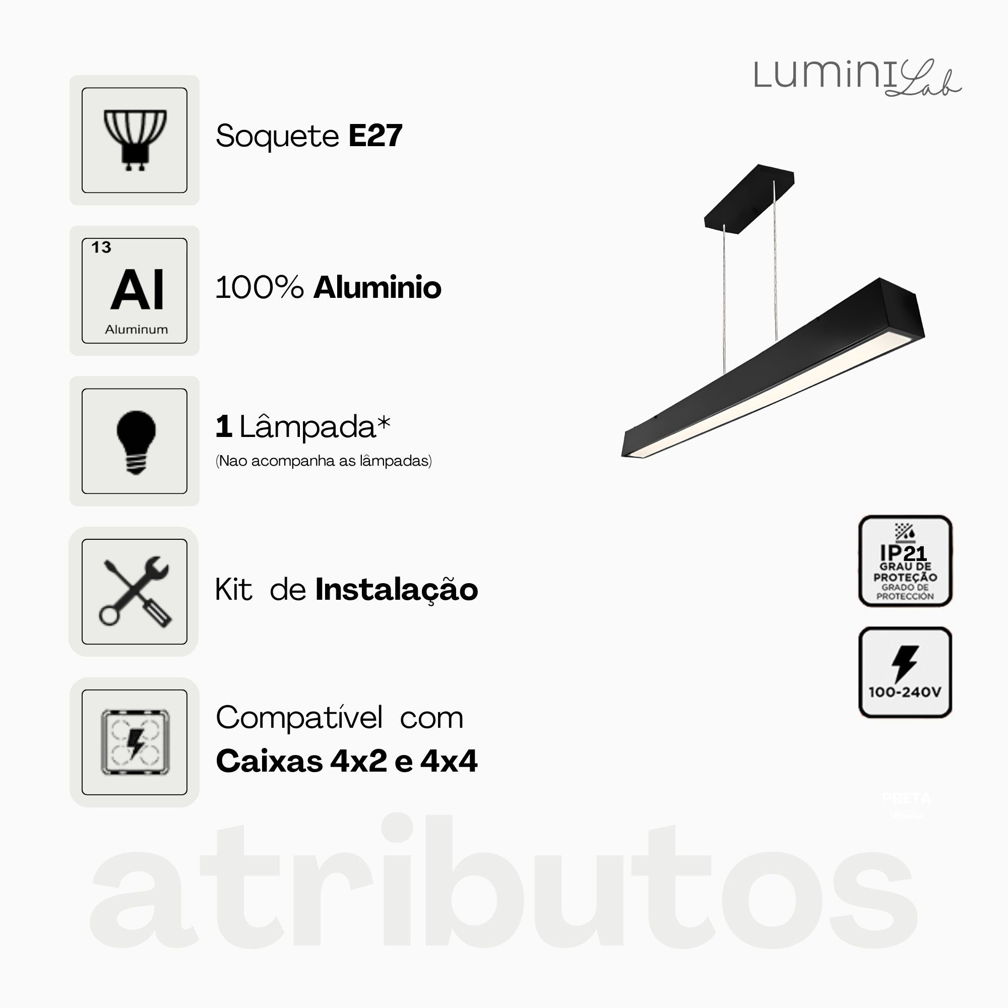 Pendente Office Aluminio Teto Cabo 1 metro 1 Luz T8 Bivolt Lumini Lab