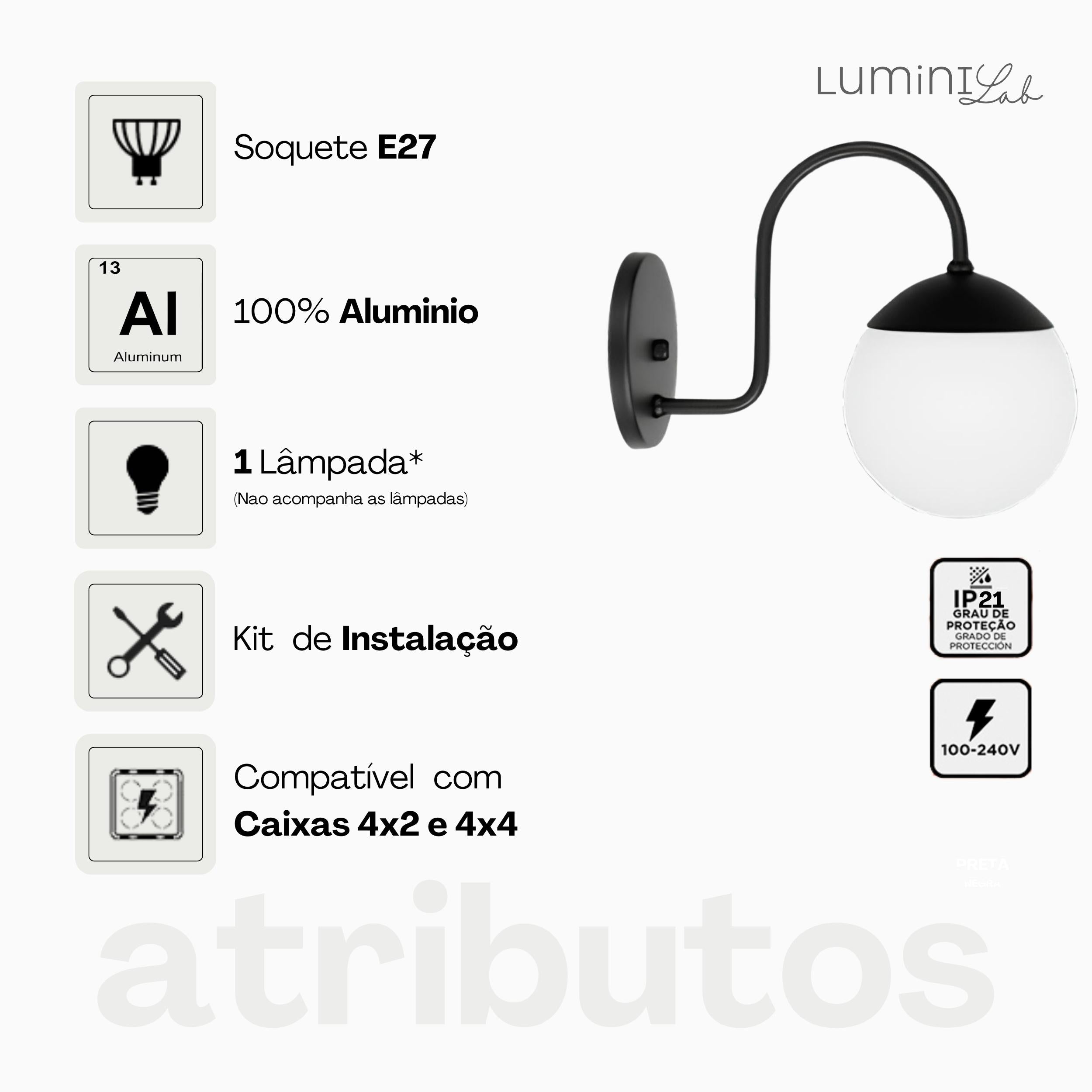 Arandela Orbe Aluminio Parede 1 Luz G9 D12 Bivolt Lumini Lab