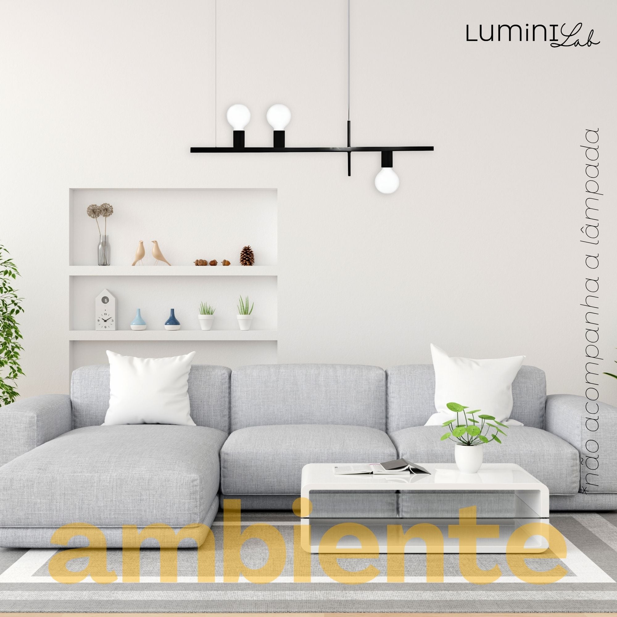 Pendente Linea Aluminio Teto Cabo 1 metro 3 Luzes E27 Bivolt Lumini Lab
