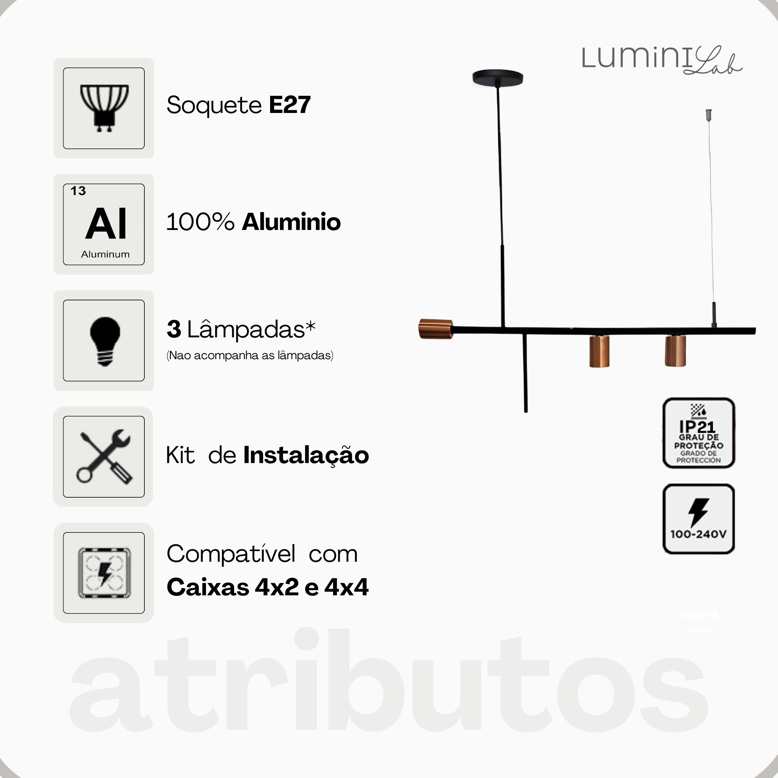 Pendente Fuzue Aluminio Teto E27 3 Luzes Lumini Lab
