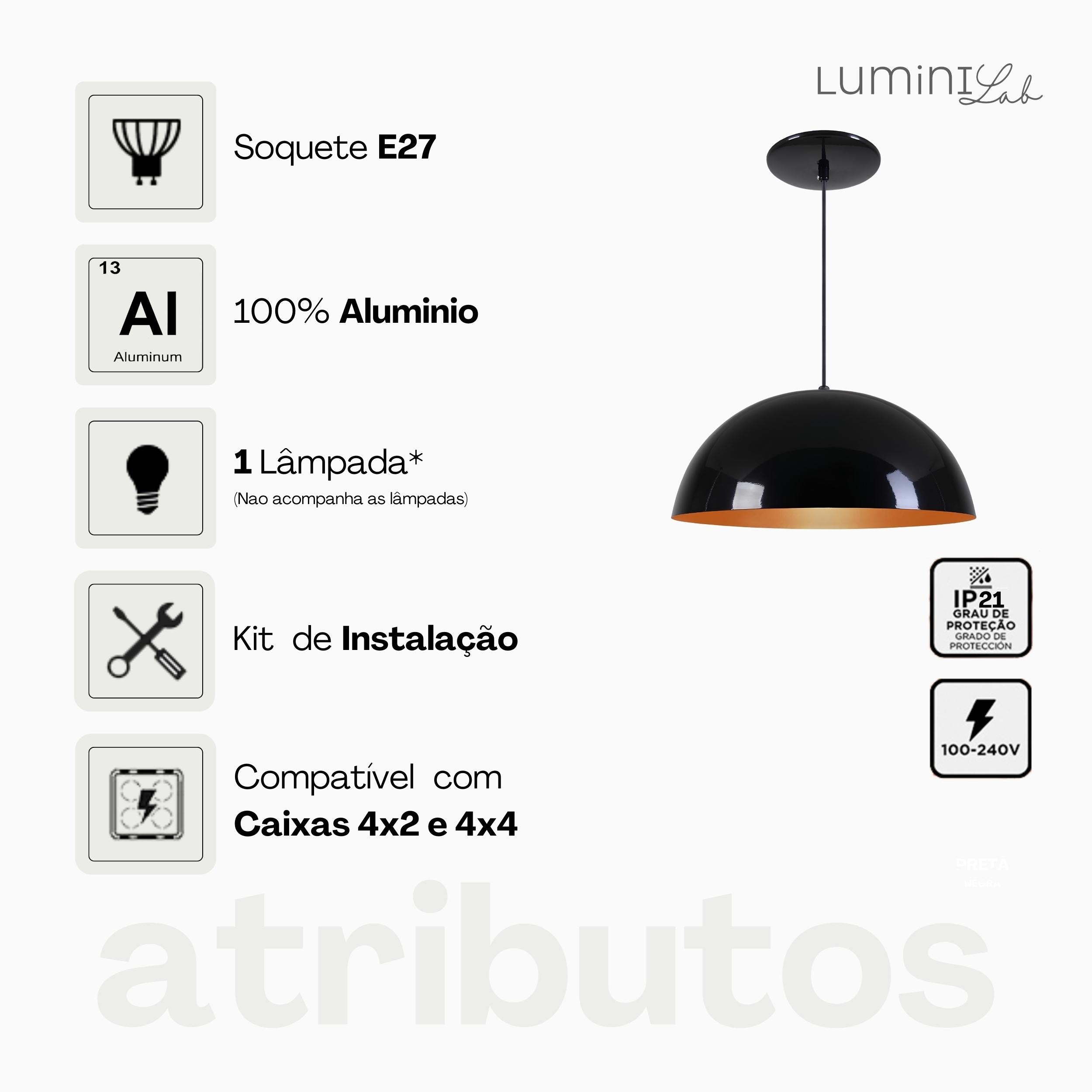 Pendente Meia Lua 48 cm Aluminio Teto E27 1 Luz Lumini Lab