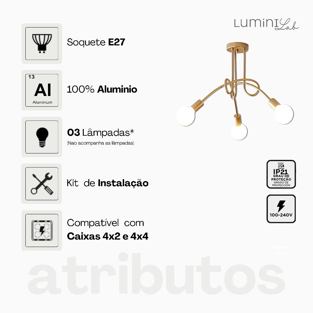 Plafon Laço Aluminio Teto E27 3 Luzes Lumini Lab