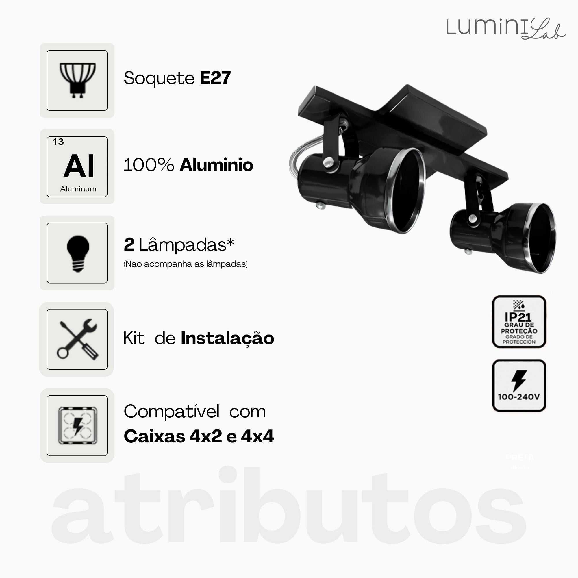 Spot Trilho New Aluminio Teto 2 Luzes E27 Bivolt Lumini Lab