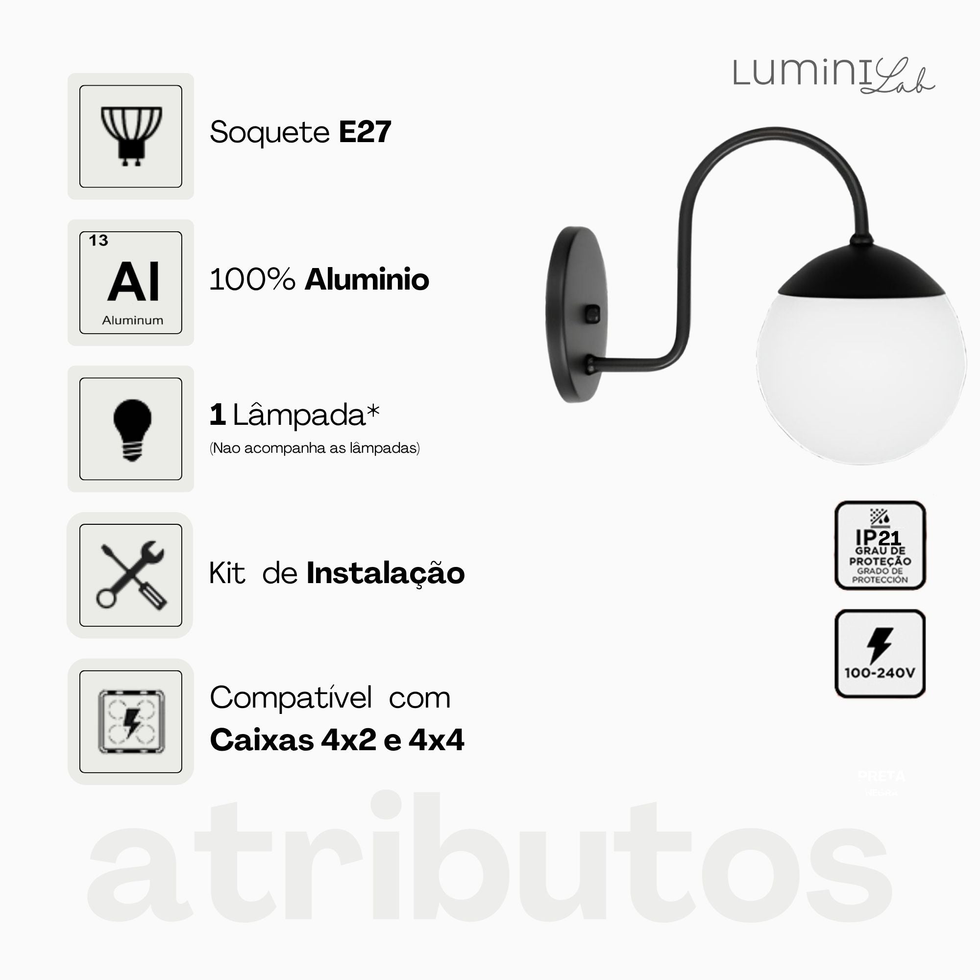 Arandela Orbe Aluminio Parede 1 Luz G9 D12 Bivolt Lumini Lab