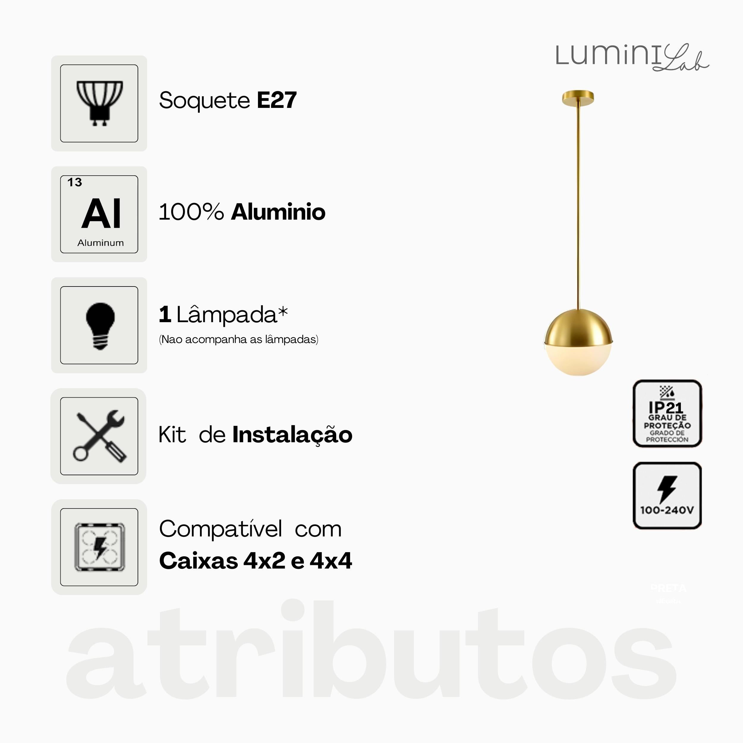 Pendente Bolinha Aluminio Teto Cabo 1 metro 1 Luz G9 D12 Bivolt Lumini Lab