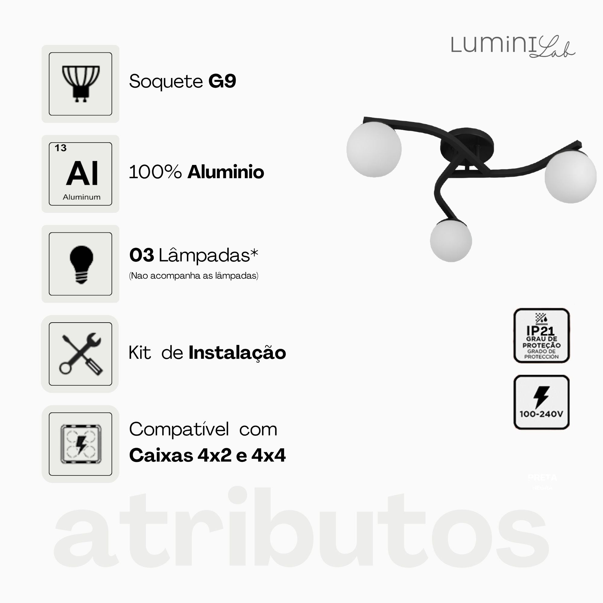 Plafon Marrakesh Aluminio Teto 3 Luzes G9 D12 Bivolt Lumini Lab