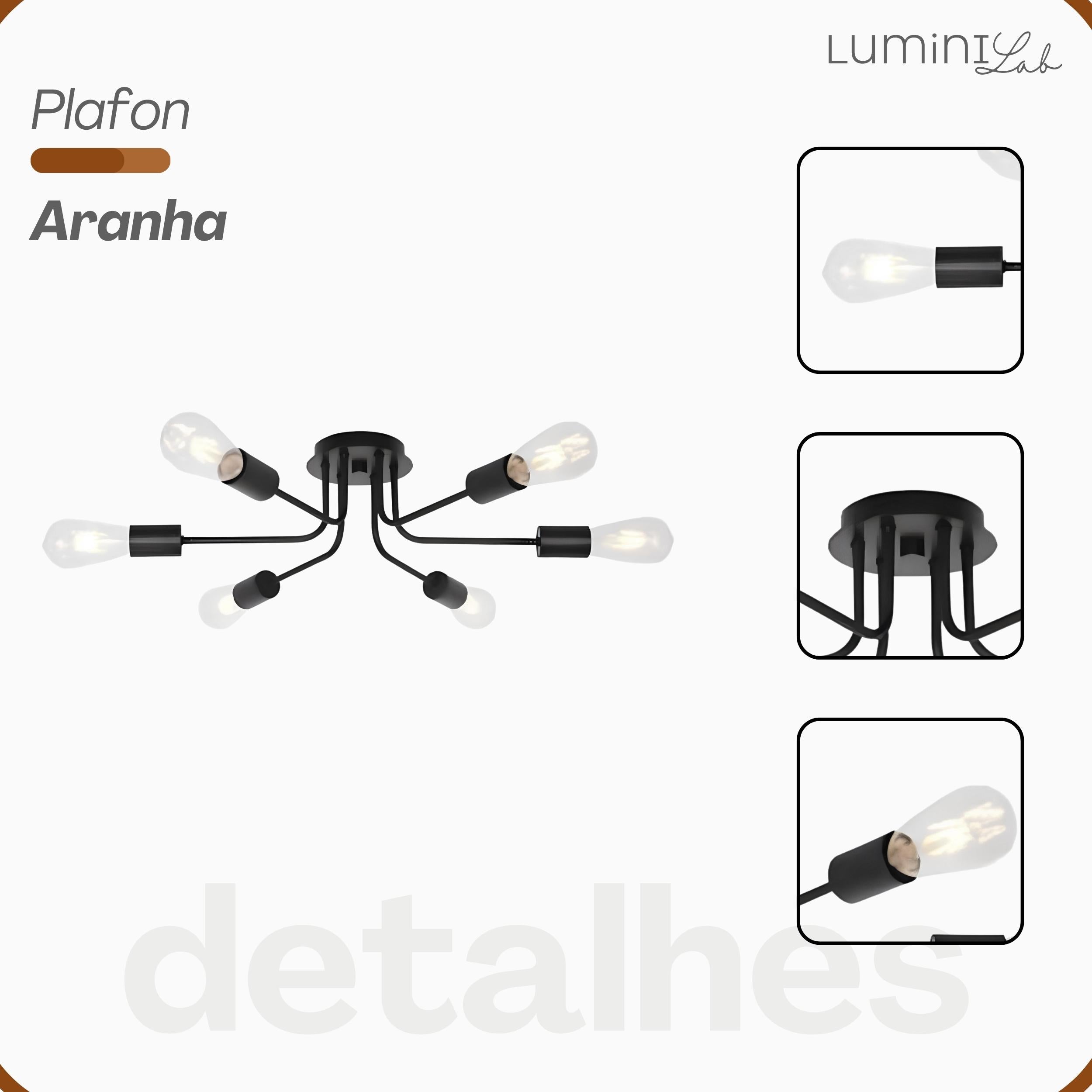 Plafon Aranha Aluminio Teto 6 Luzes E27 Bivolt Lumini Lab