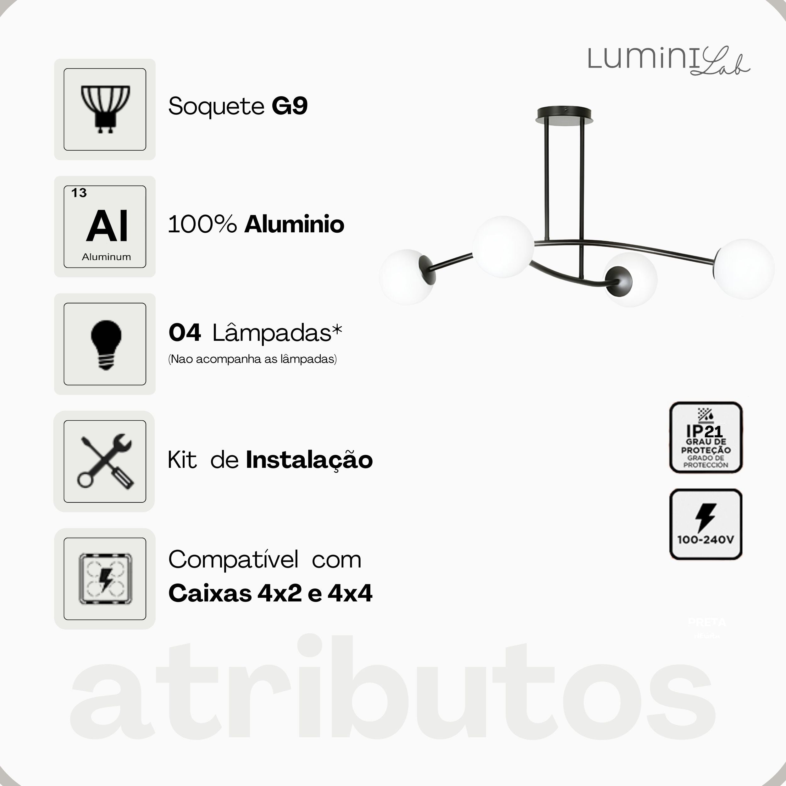 Plafon Halldor Aluminio Teto 4 Luzes G9 D12 Bivolt Lumini Lab