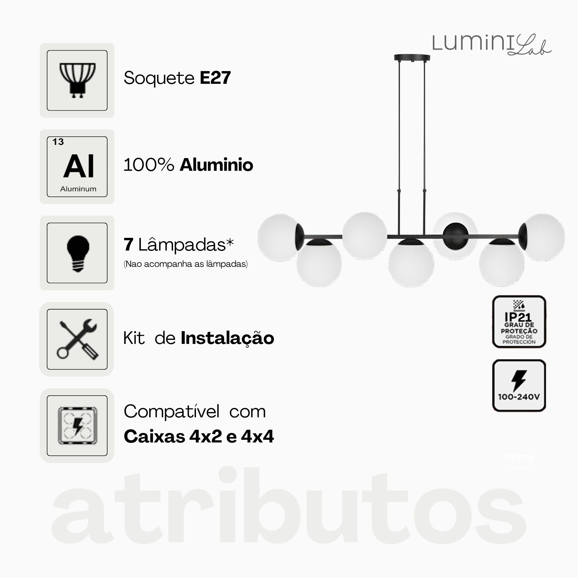 Pendente Hanover Aluminio D15 Teto E27 7 Luzes Lumini Lab