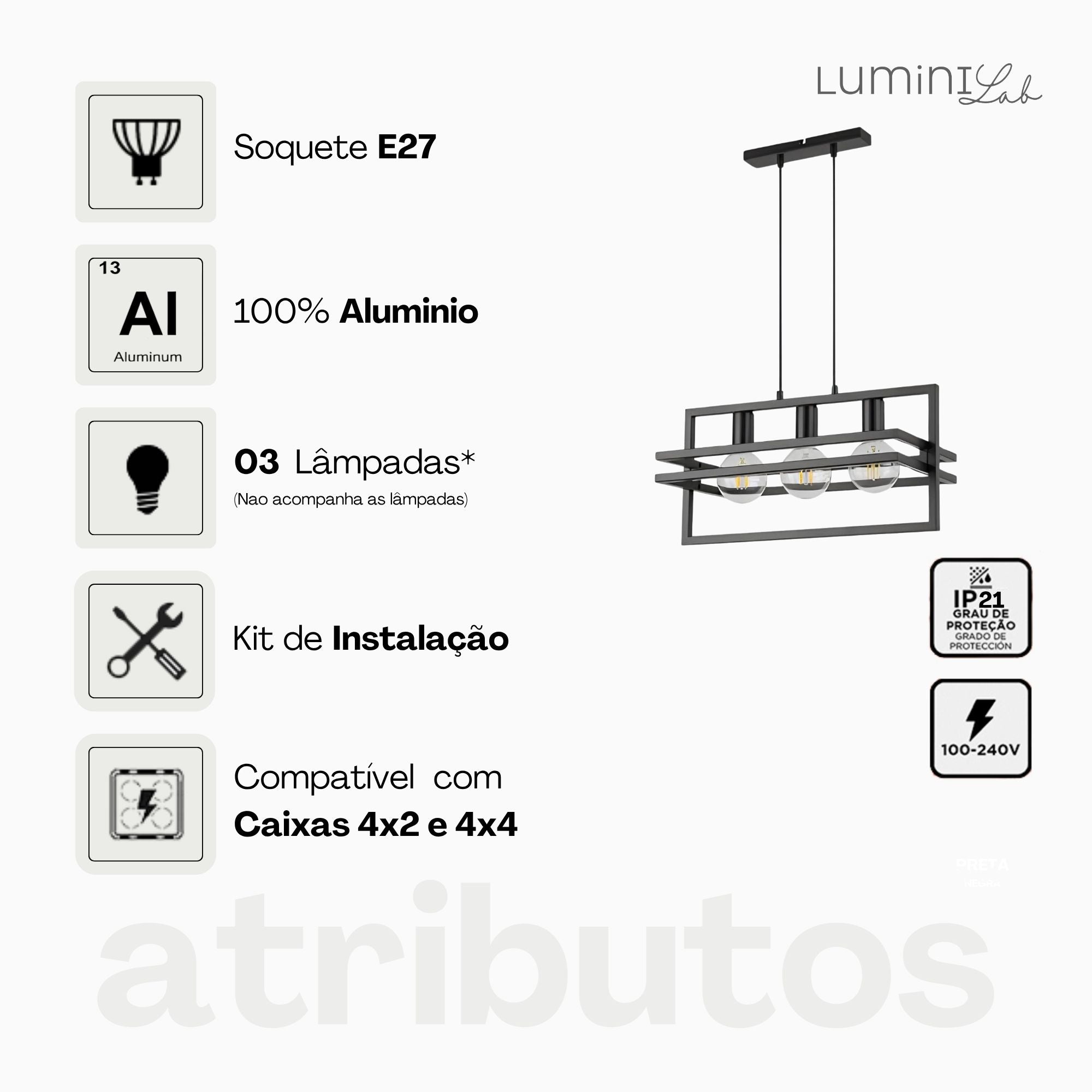 Pendente Moldura Aluminio Teto Cabo 1 metro 3 Luzes E27 Bivolt Lumini Lab
