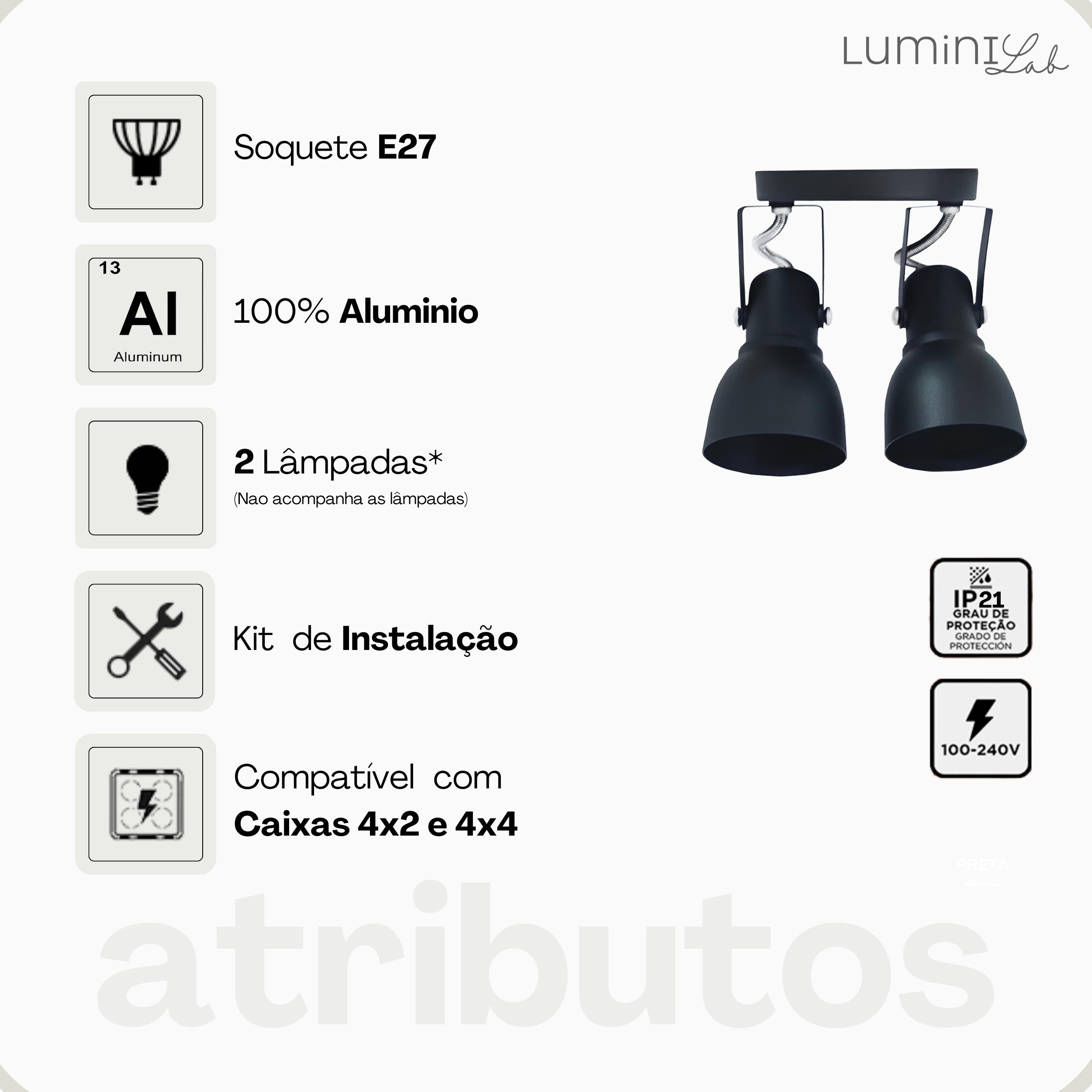 Spot Trilho Popular Aluminio Teto 2 Luzes E27 Bivolt Lumini Lab