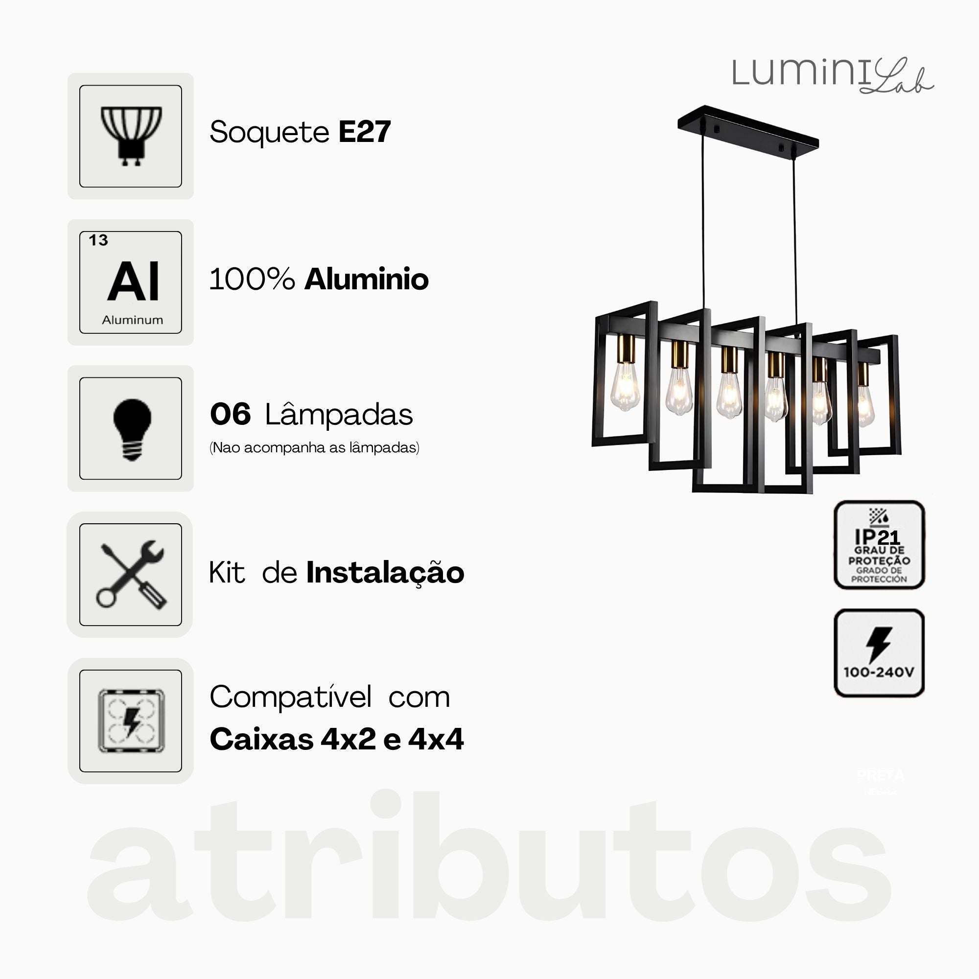 Pendente Polônia Aluminio 6 Luzes E27 Bivolt Lumini Lab