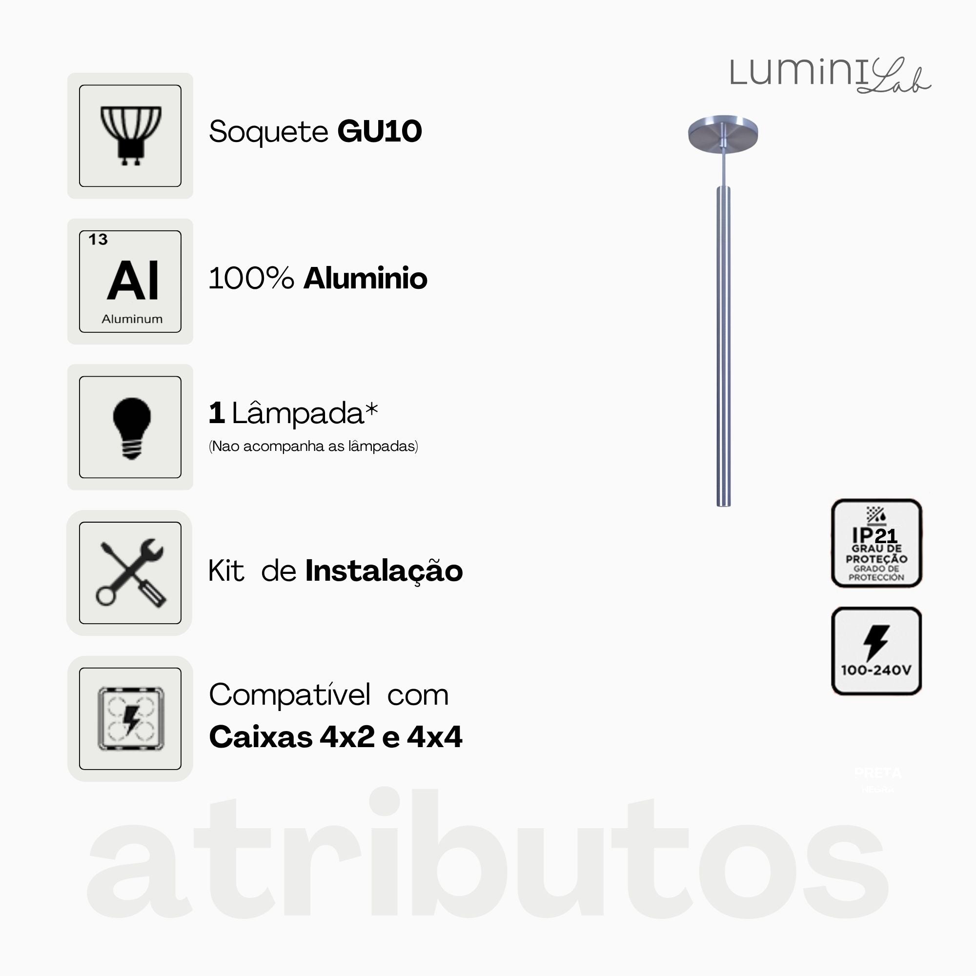 Pendente Tubinho Aluminio Teto Cabo 1 metro 1 Luz GU10 Bivolt Lumini Lab