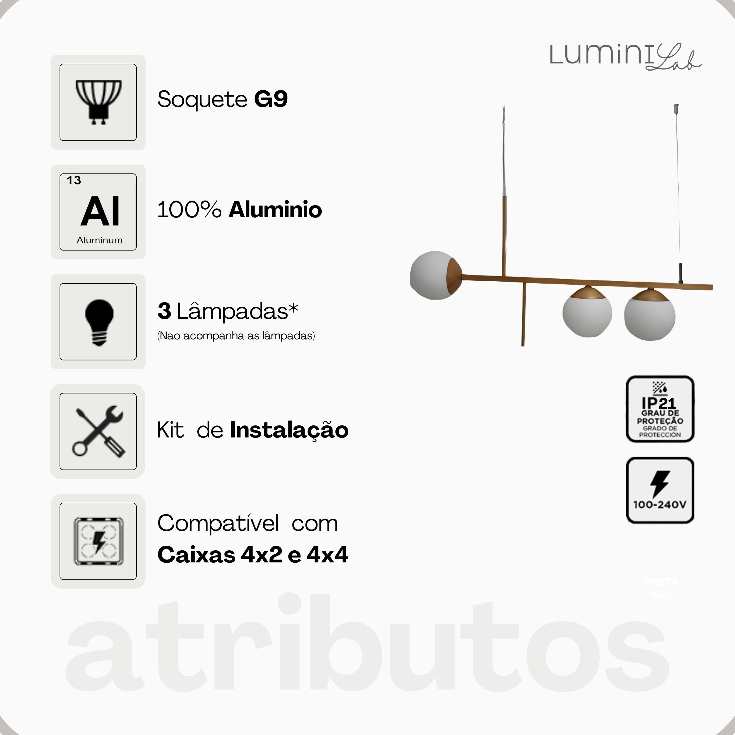 Pendente Fuzue Aluminio Teto Cabo 1 metro 3 Luzes G9 D12 Bivolt Lumini Lab