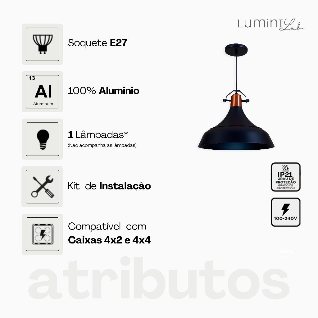 Pendente Vintage Retro Aluminio Teto E27 1 Luz Lumini Lab