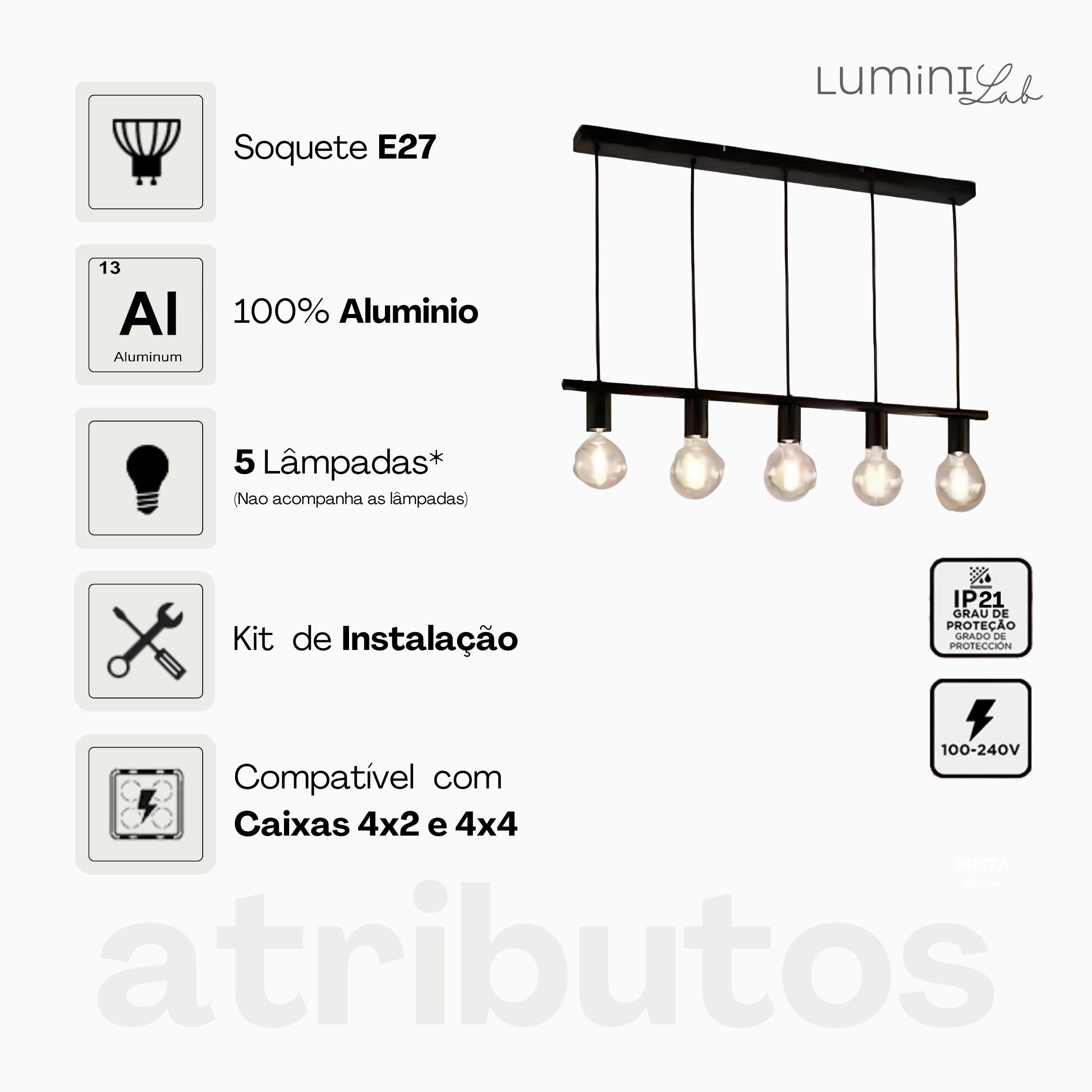 Pendente Koppla Aluminio Teto Cabo 1 metro 5 Luzes E27 Bivolt Lumini Lab