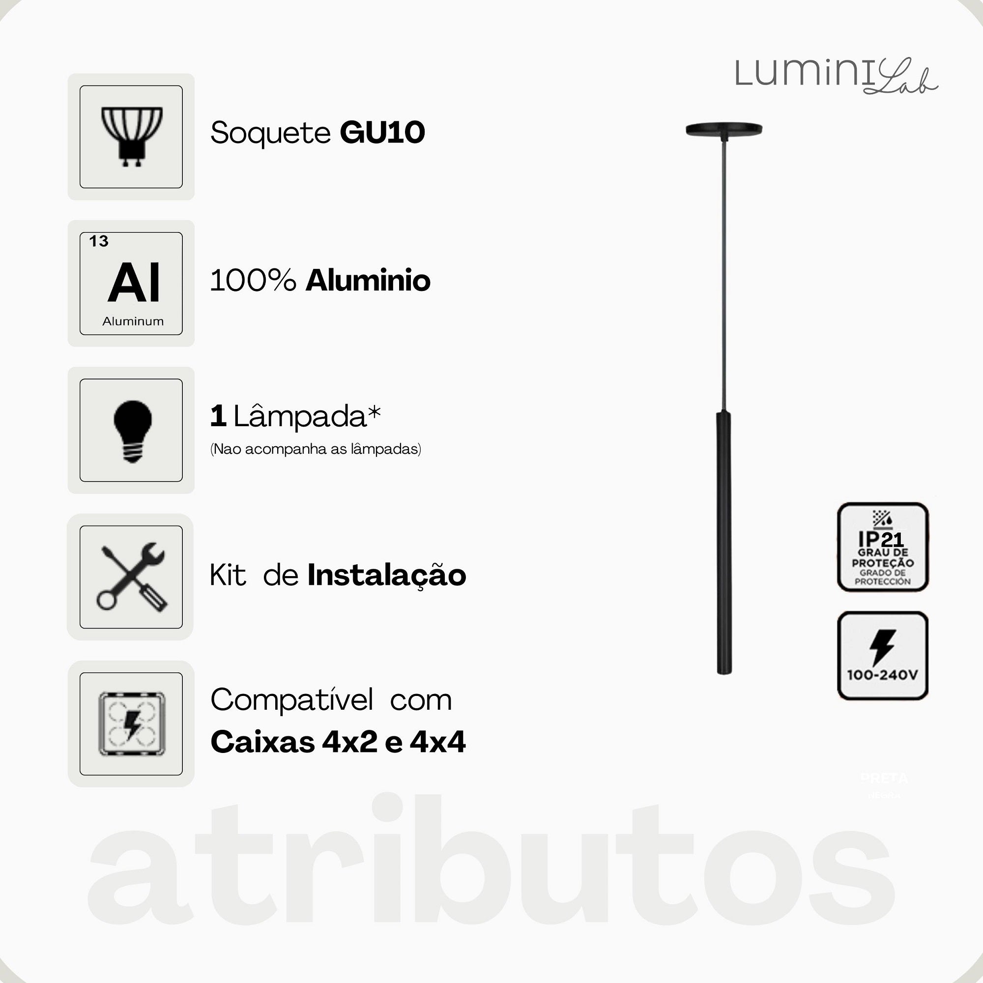 Pendente Siena 50 Aluminio Teto GU10 1 Luz Lumini Lab