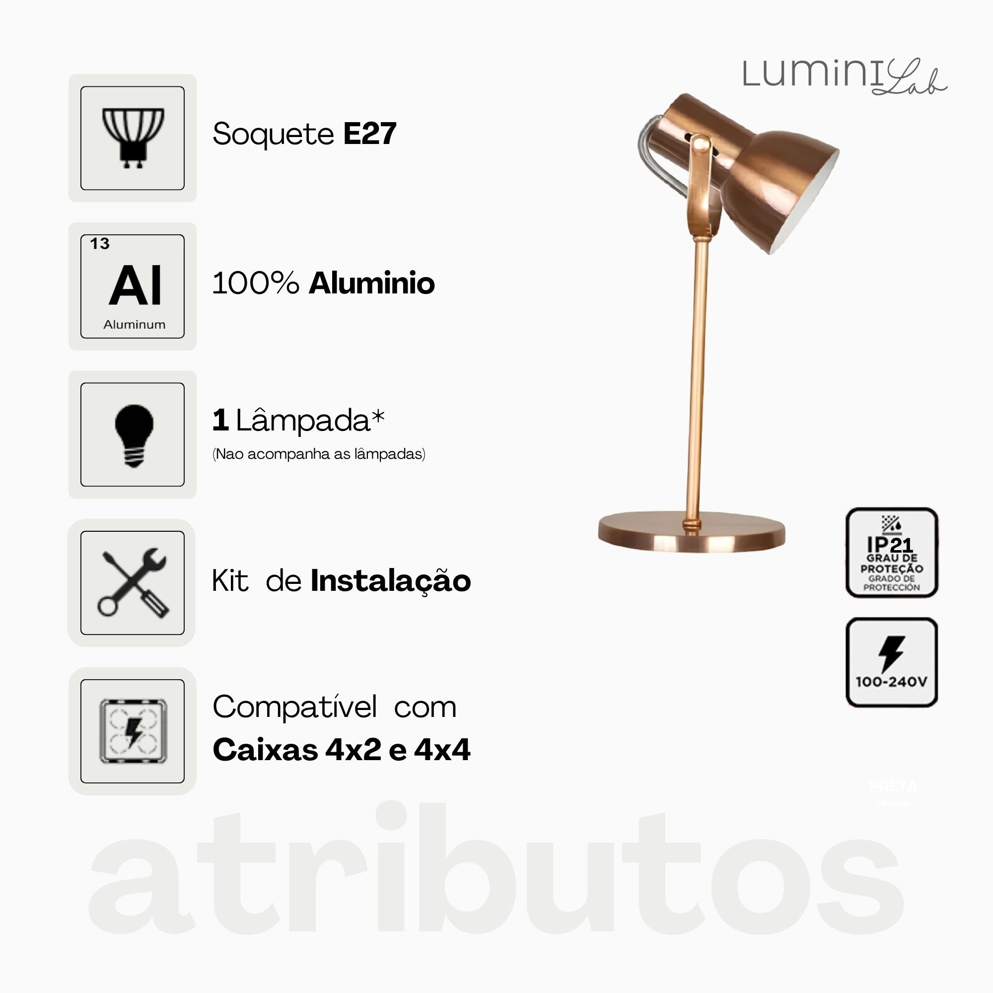 Luminaria de Mesa Cone Aluminio E27 1 Luz Fixa Lumini Lab