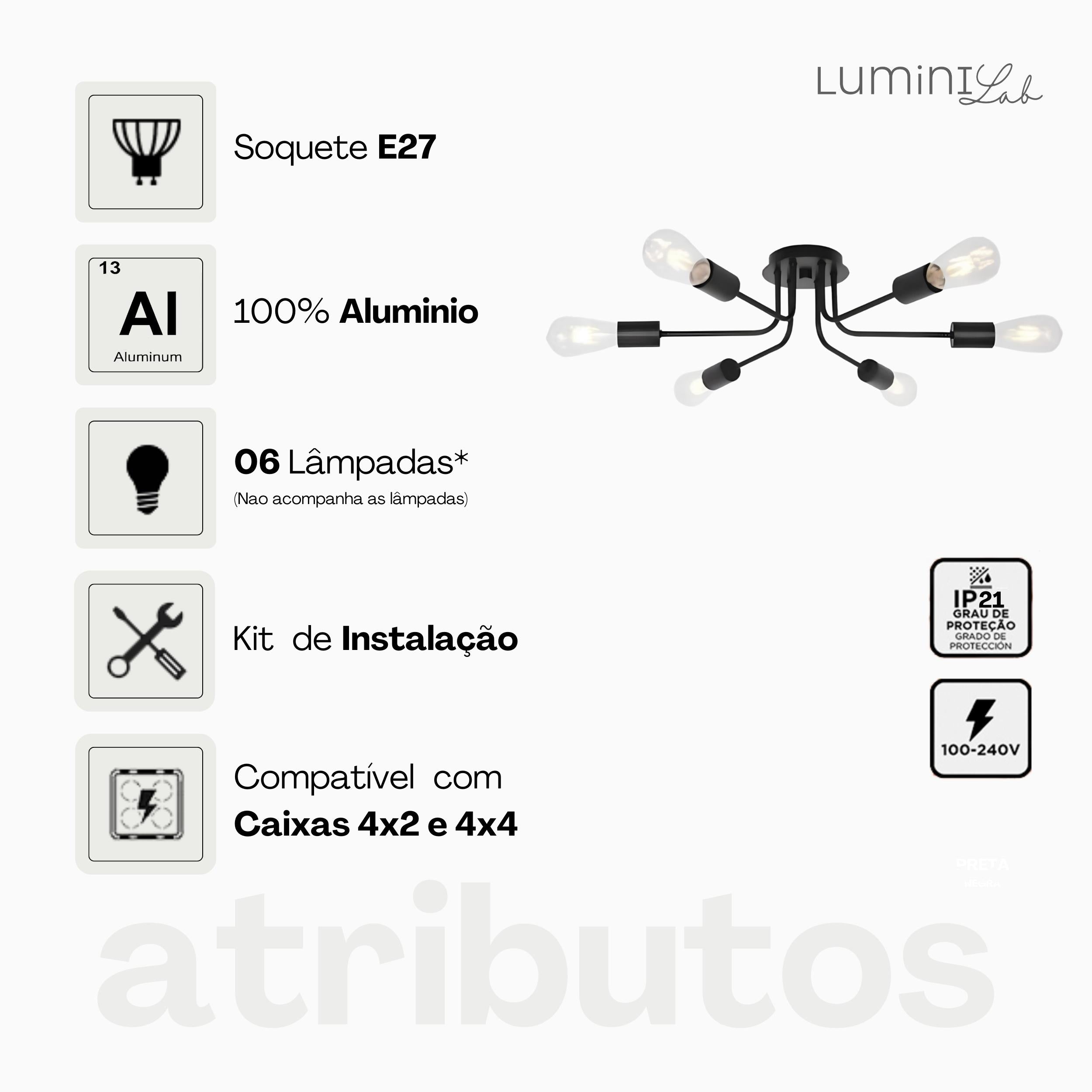 Plafon Aranha Aluminio Teto 6 Luzes E27 Bivolt Lumini Lab