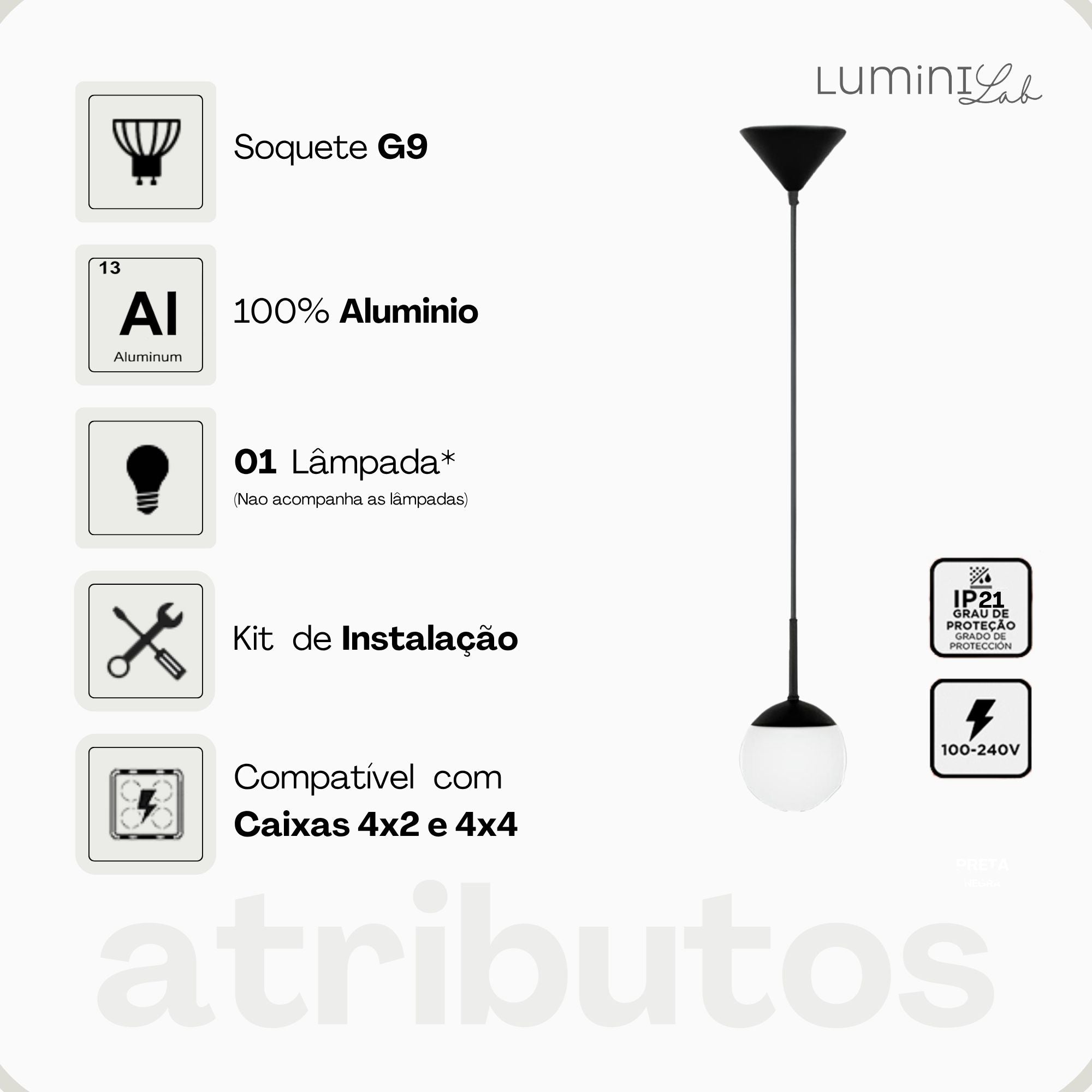 Pendente Orbe Aluminio D12 Teto G9 1 Luz Lumini Lab