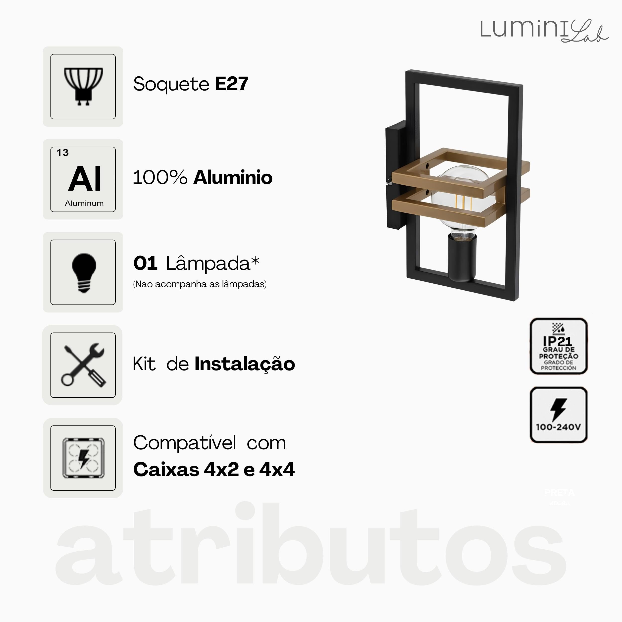 Arandela Moldura Aluminio Parede 1 Luz E27 Bivolt Lumini Lab