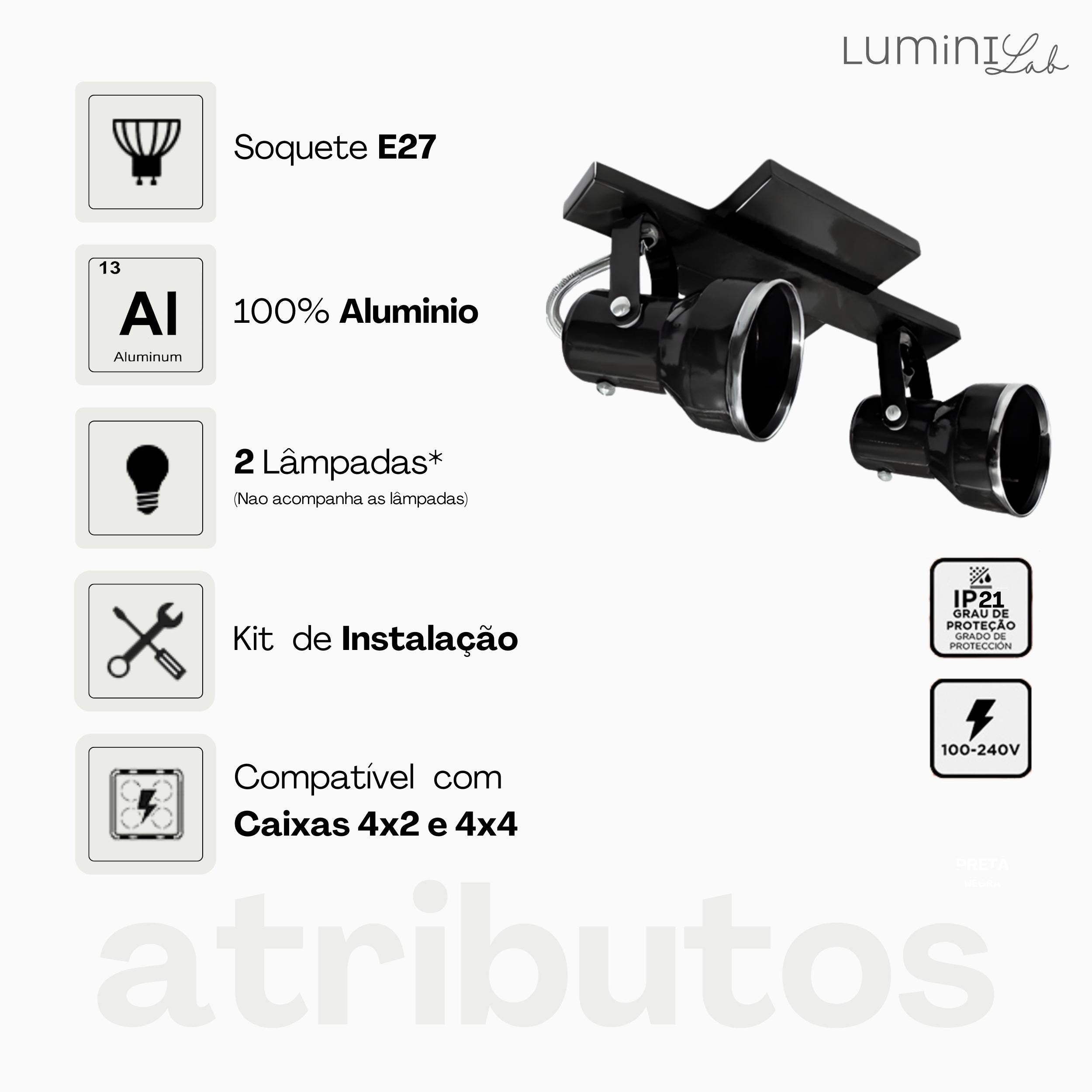 Spot Trilho New Aluminio Teto 2 Luzes E27 Bivolt Lumini Lab