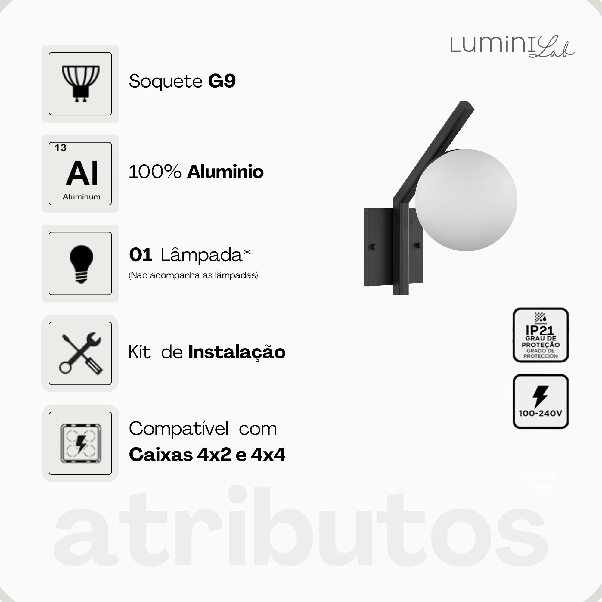Arandela Roar Aluminio Parede 1 Luz G9 D12 Bivolt Lumini Lab