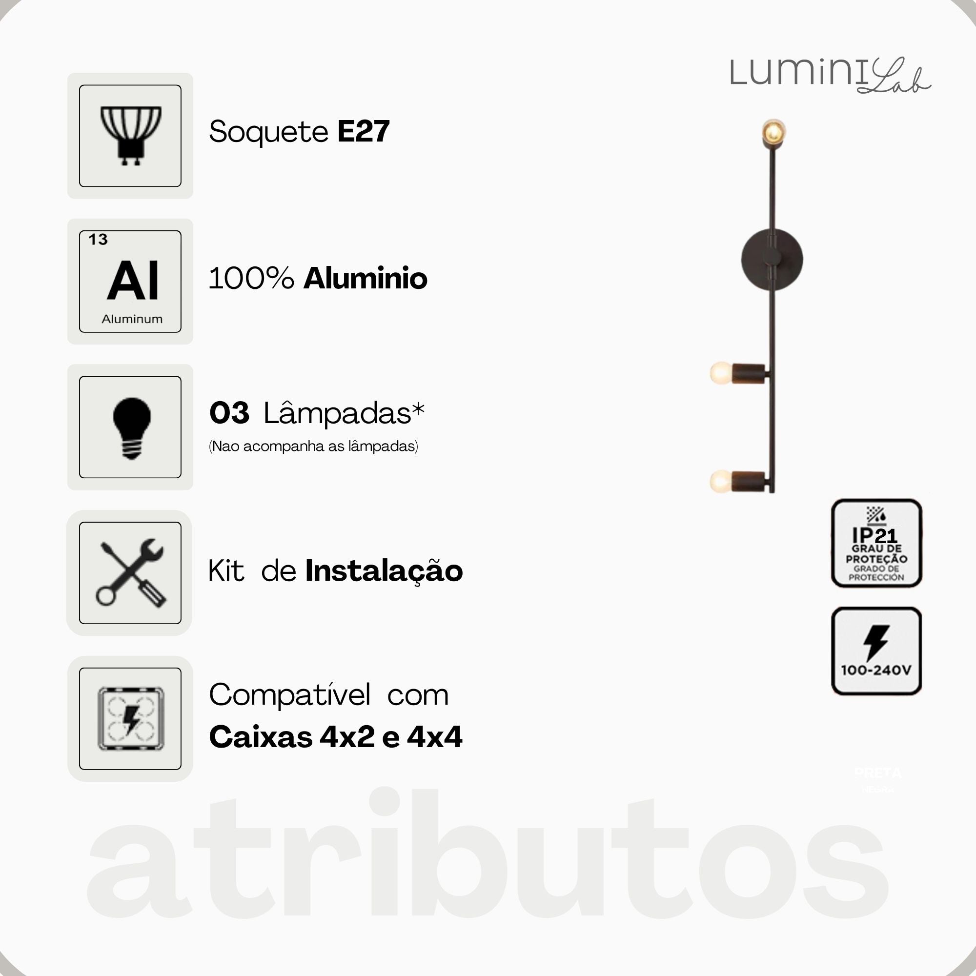Arandela Chill Aluminio Parede 3 Luzes E27 Bivolt Lumini Lab