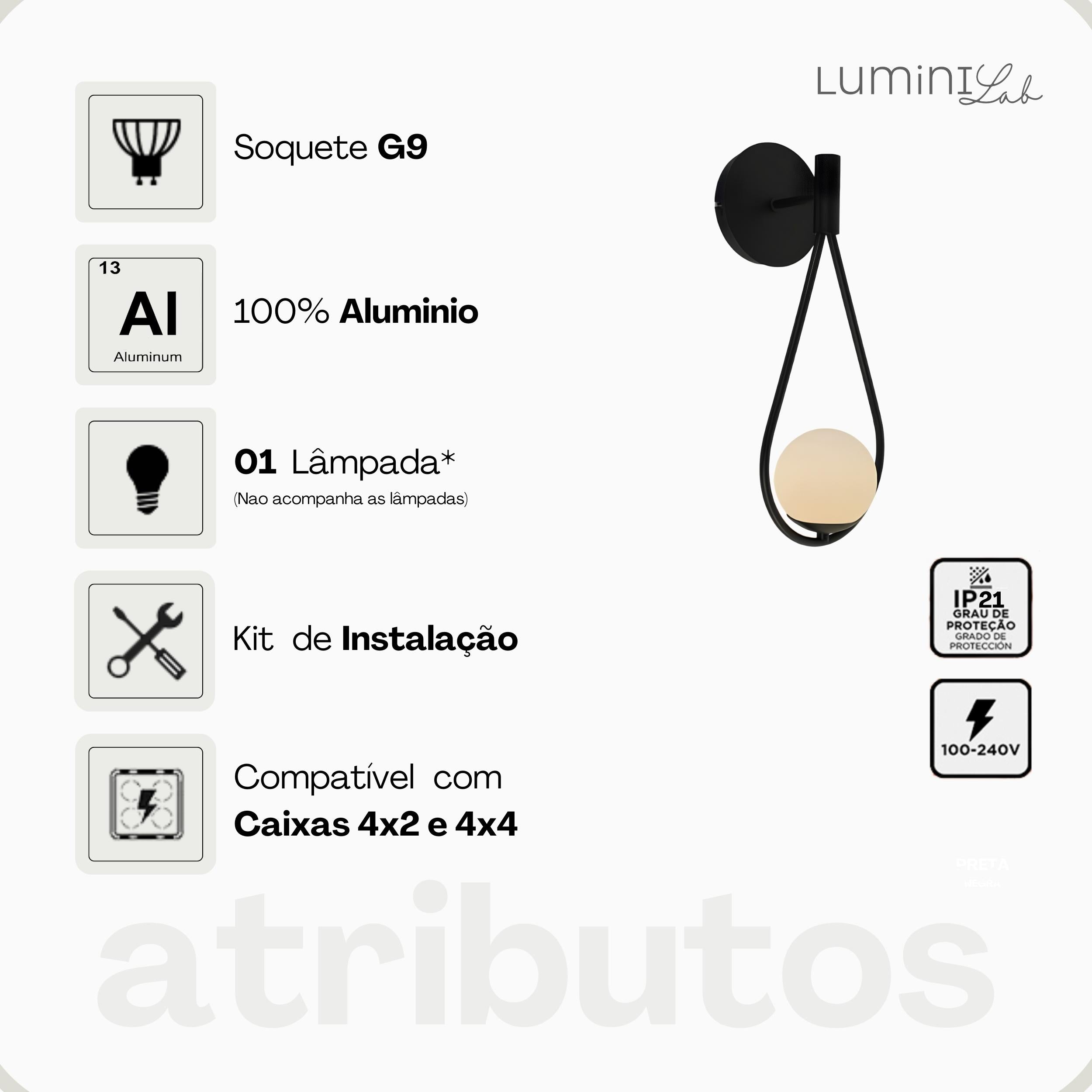 Arandela Gota Aluminio Parede 1 Luz G9 D12 Bivolt Lumini Lab