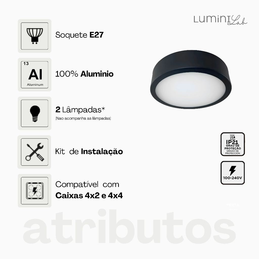 Plafon D200 Aluminio Teto E27 1 Luz Lumini Lab