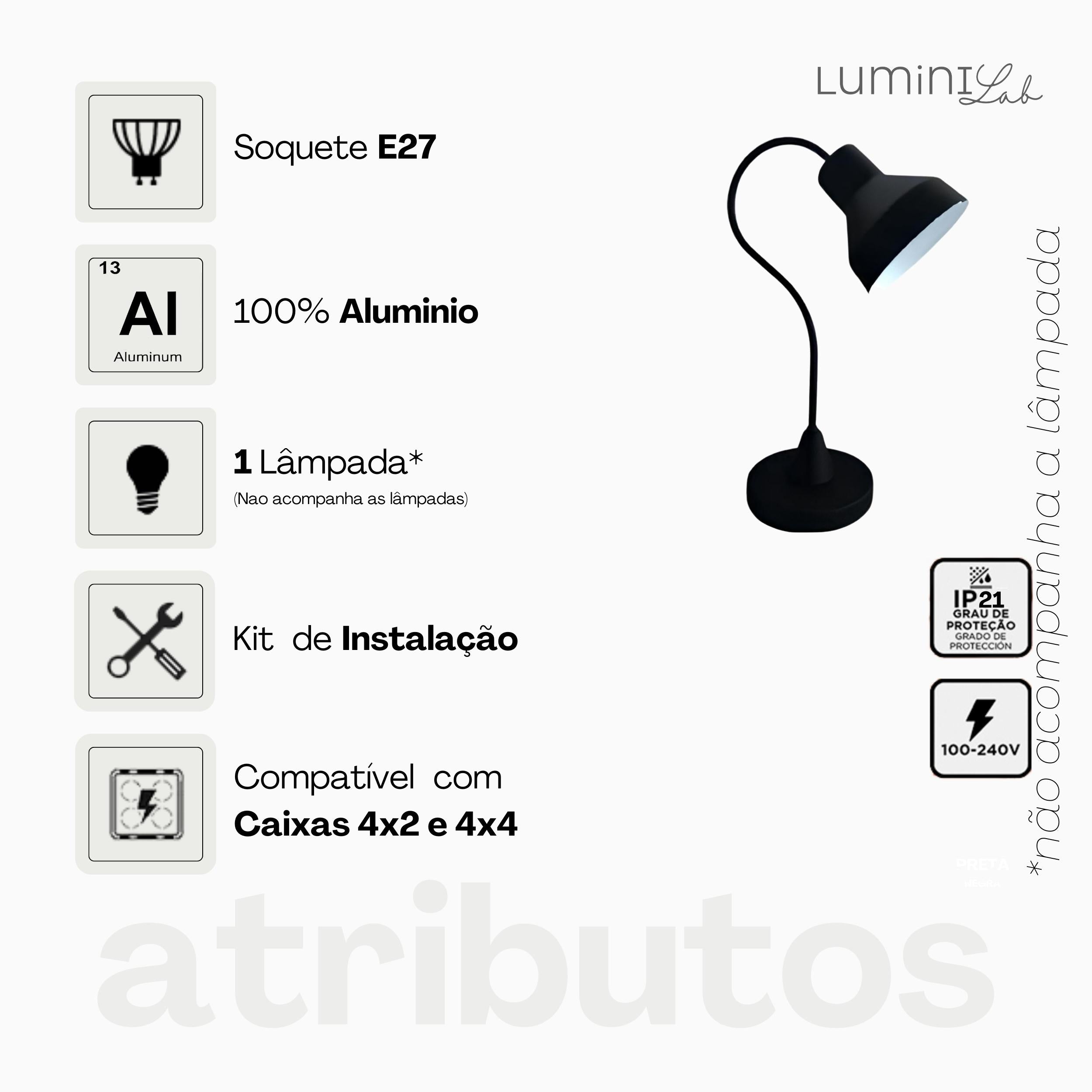 Luminaria de Mesa Viena Aluminio E27 1 Luz Fixa Lumini Lab