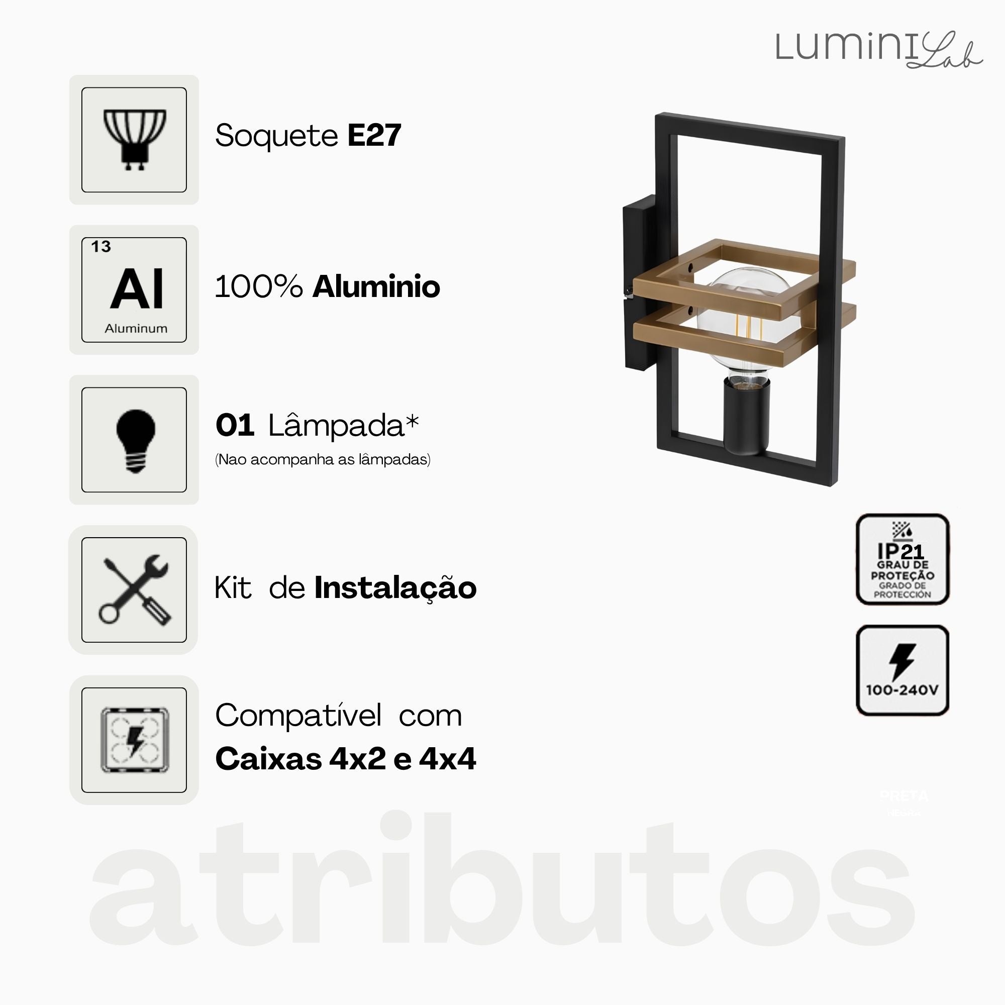 Arandela Moldura Aluminio Parede 1 Luz E27 Bivolt Lumini Lab