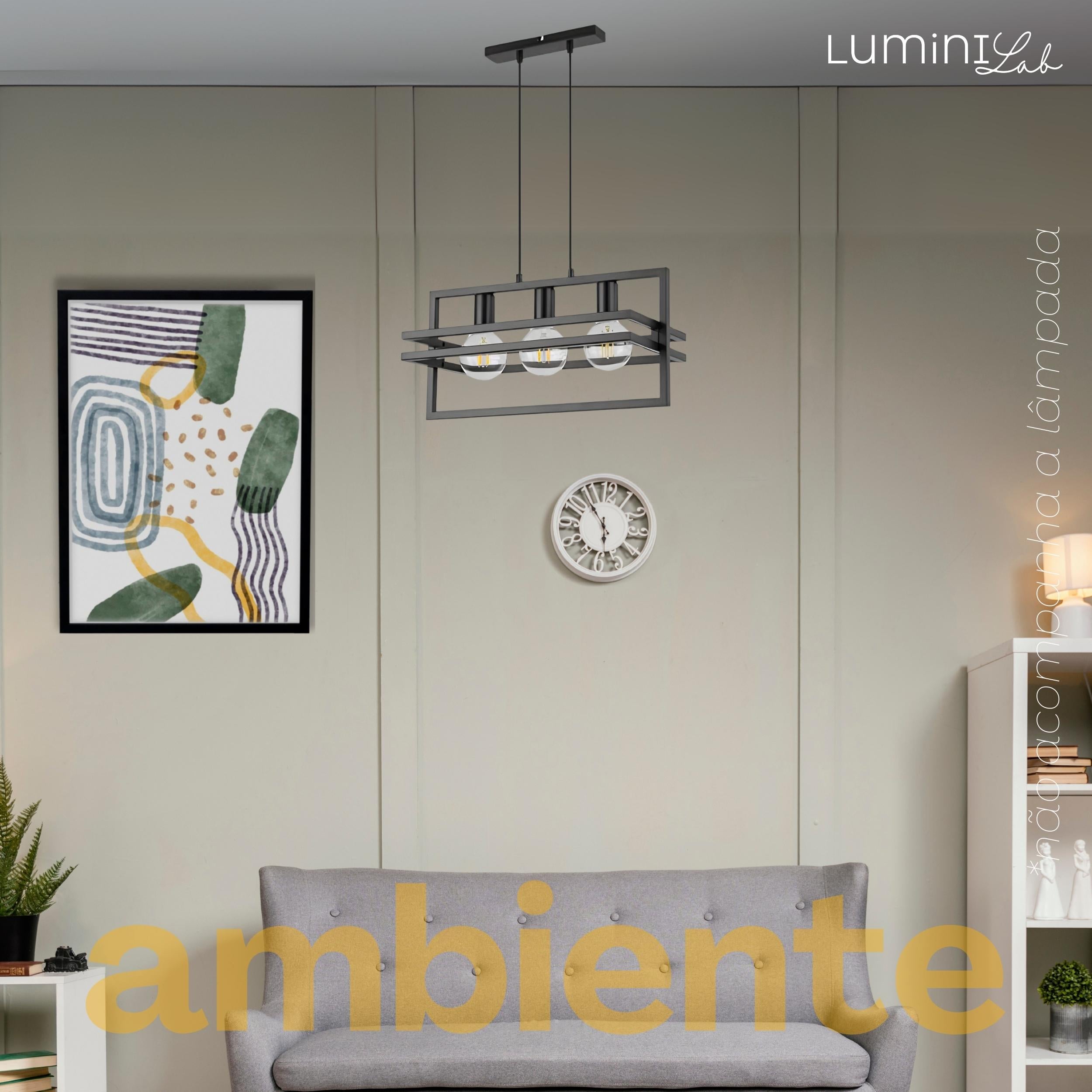 Pendente Moldura Aluminio Teto Cabo 1 metro 3 Luzes E27 Bivolt Lumini Lab