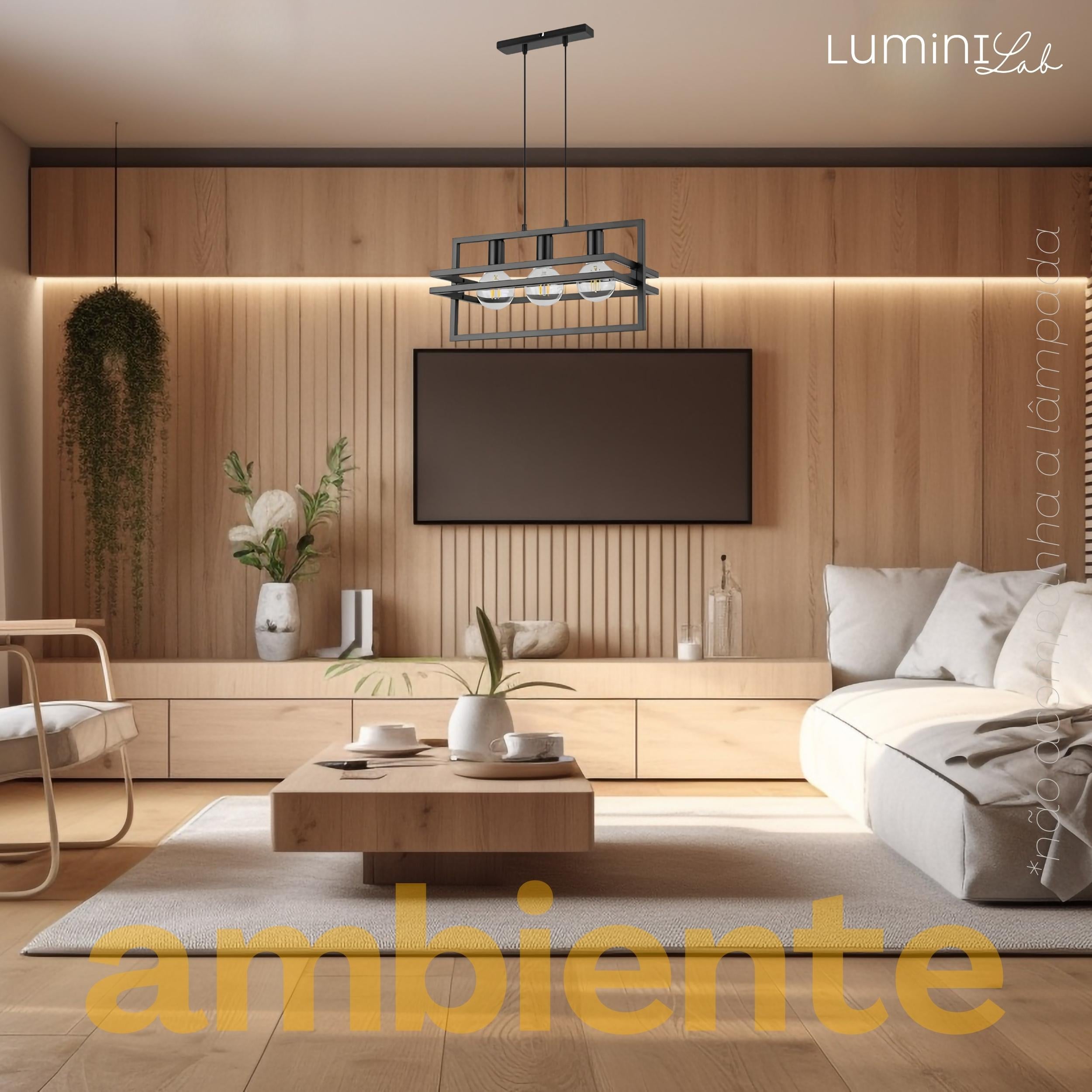 Pendente Moldura Aluminio Teto Cabo 1 metro 3 Luzes E27 Bivolt Lumini Lab