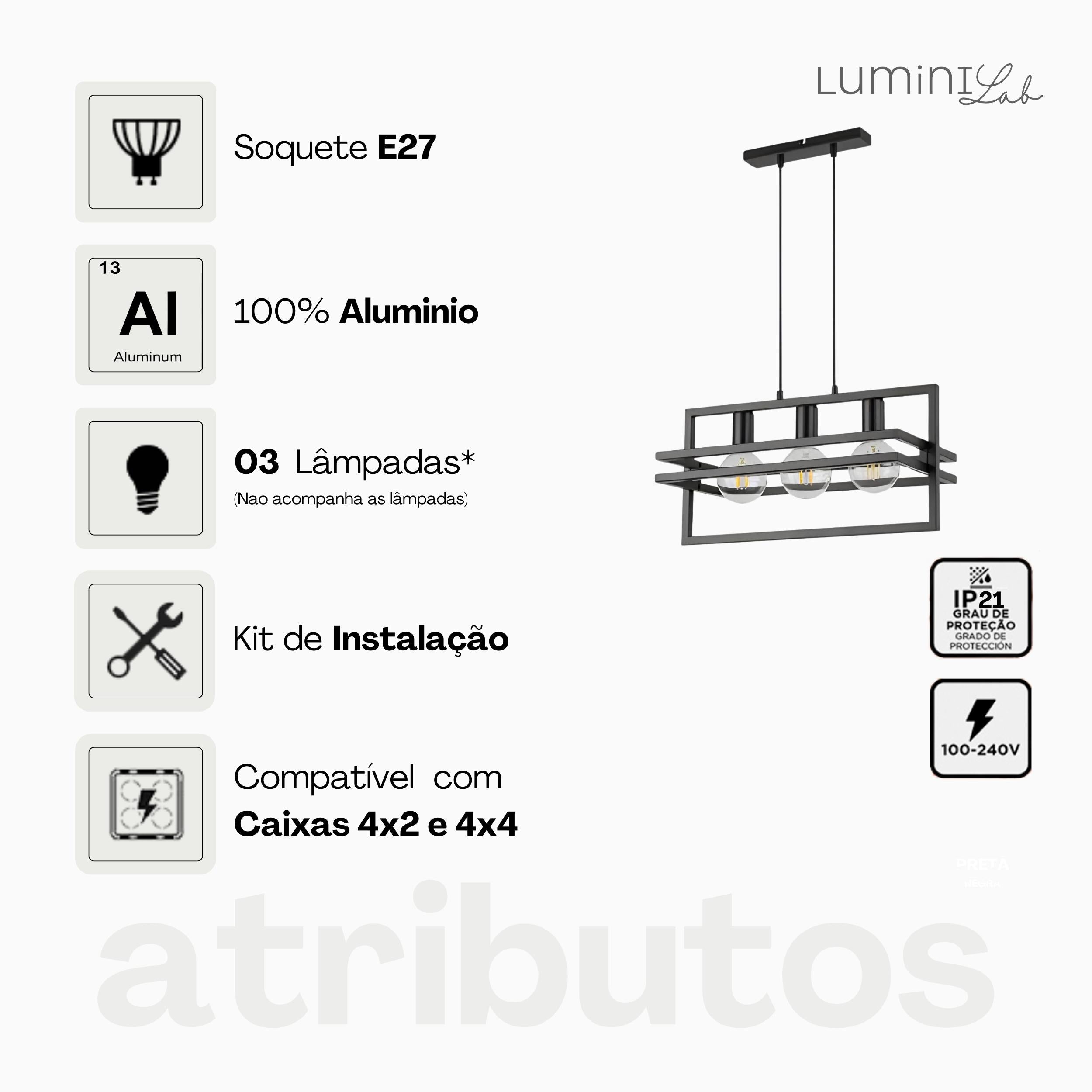 Pendente Moldura Aluminio Teto Cabo 1 metro 3 Luzes E27 Bivolt Lumini Lab