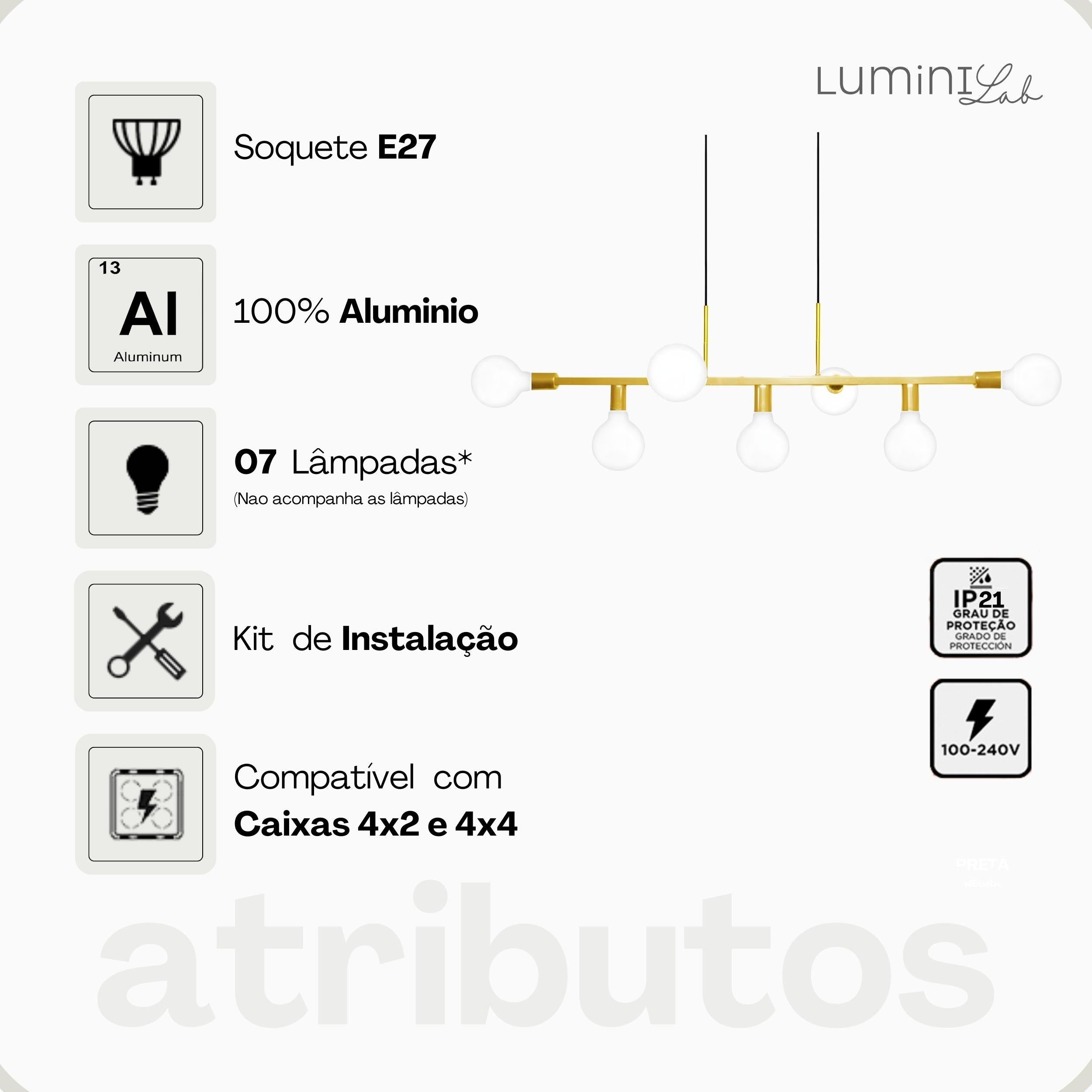 Pendente Ciciliano Aluminio Teto E27 7 Luzes Lumini Lab