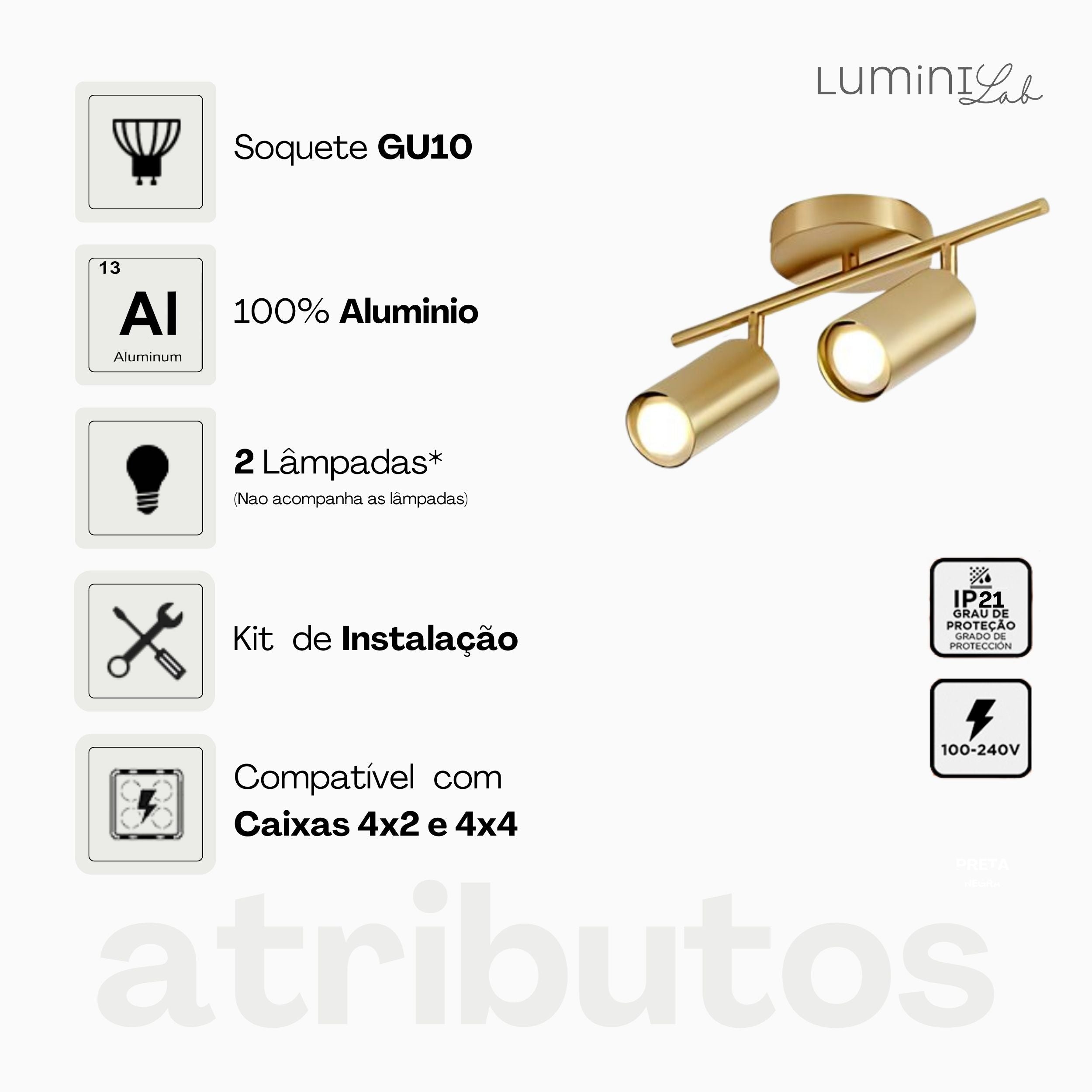 Spot Trilho Industrial Aluminio Teto 2 Luzes GU10 Bivolt Lumini Lab