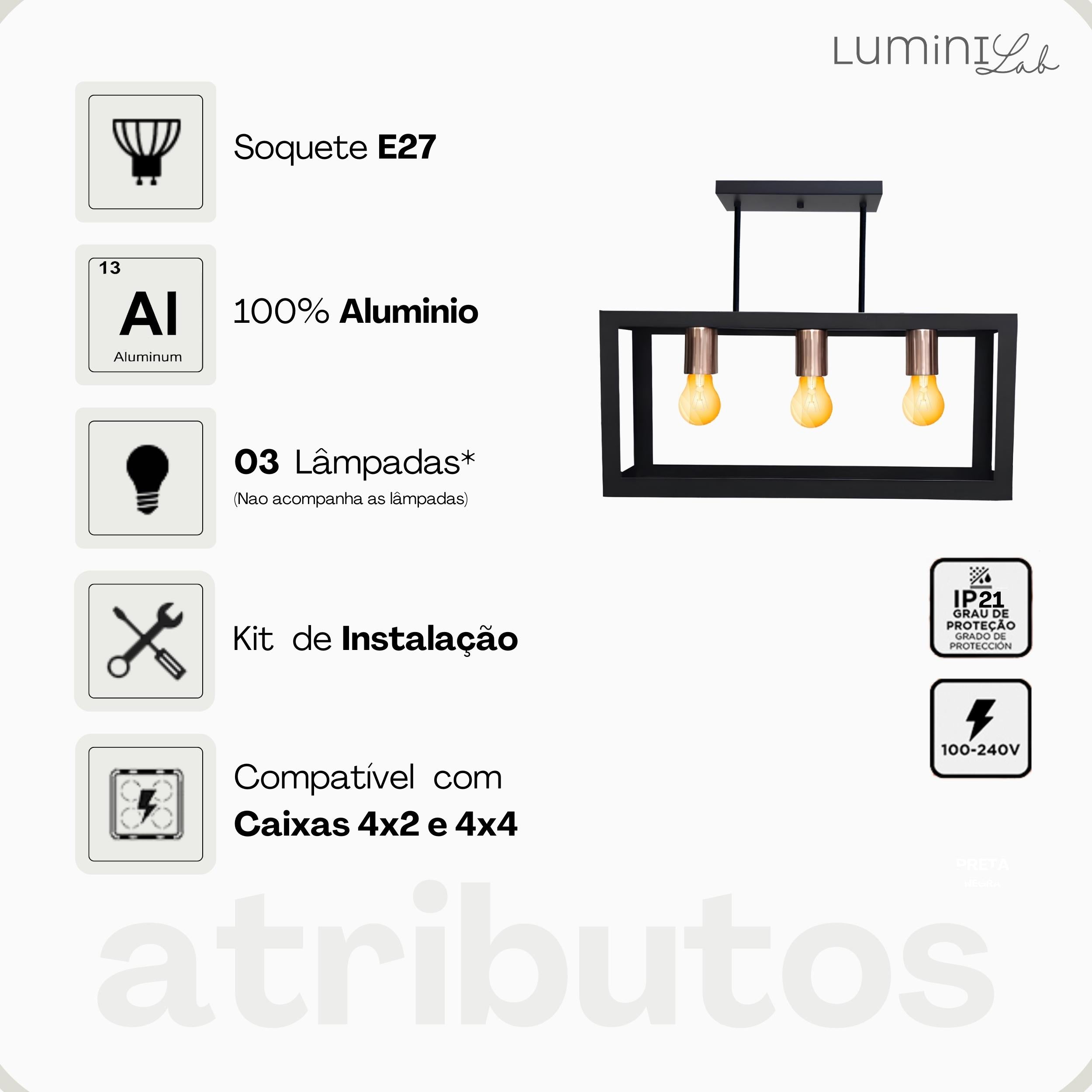 Pendente Dantas Aluminio Teto E27 3 Luzes Lumini Lab