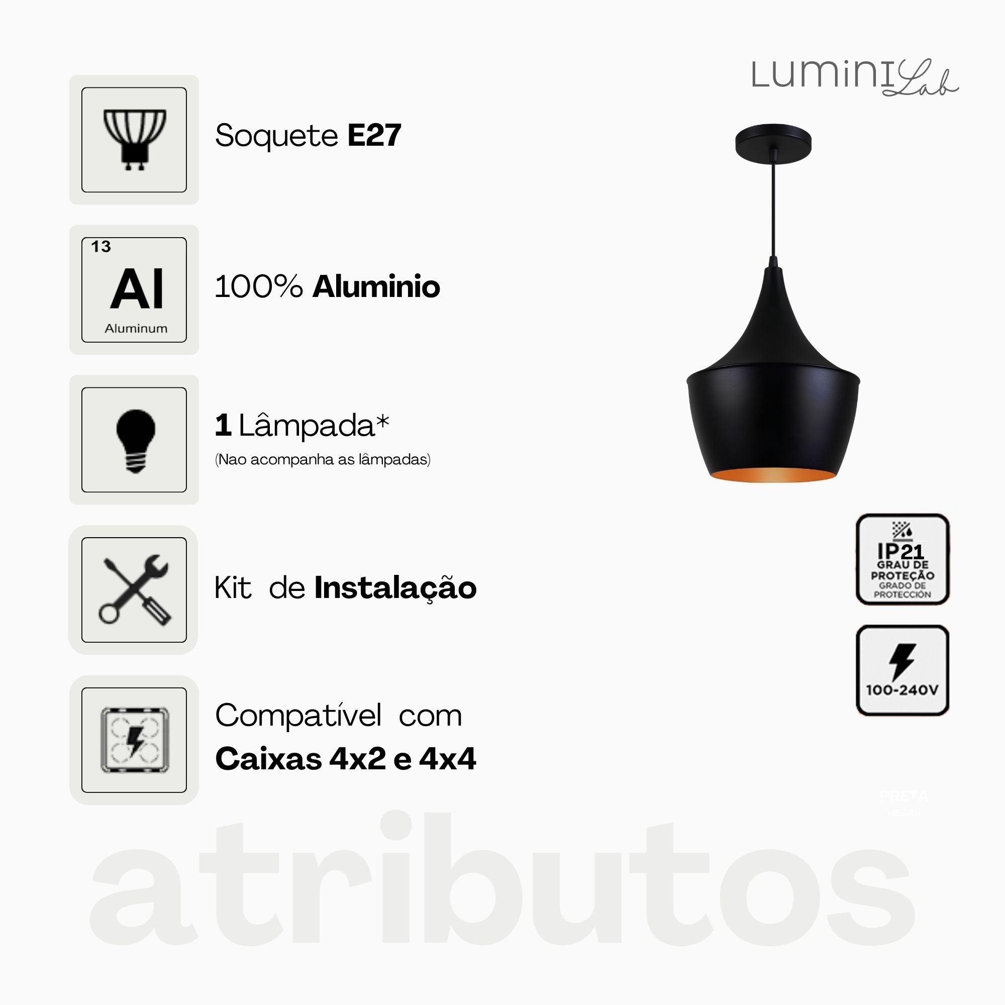 Pendente New Yorque Aluminio Teto Cabo 1 metro 1 Luz E27 Bivolt Lumini Lab