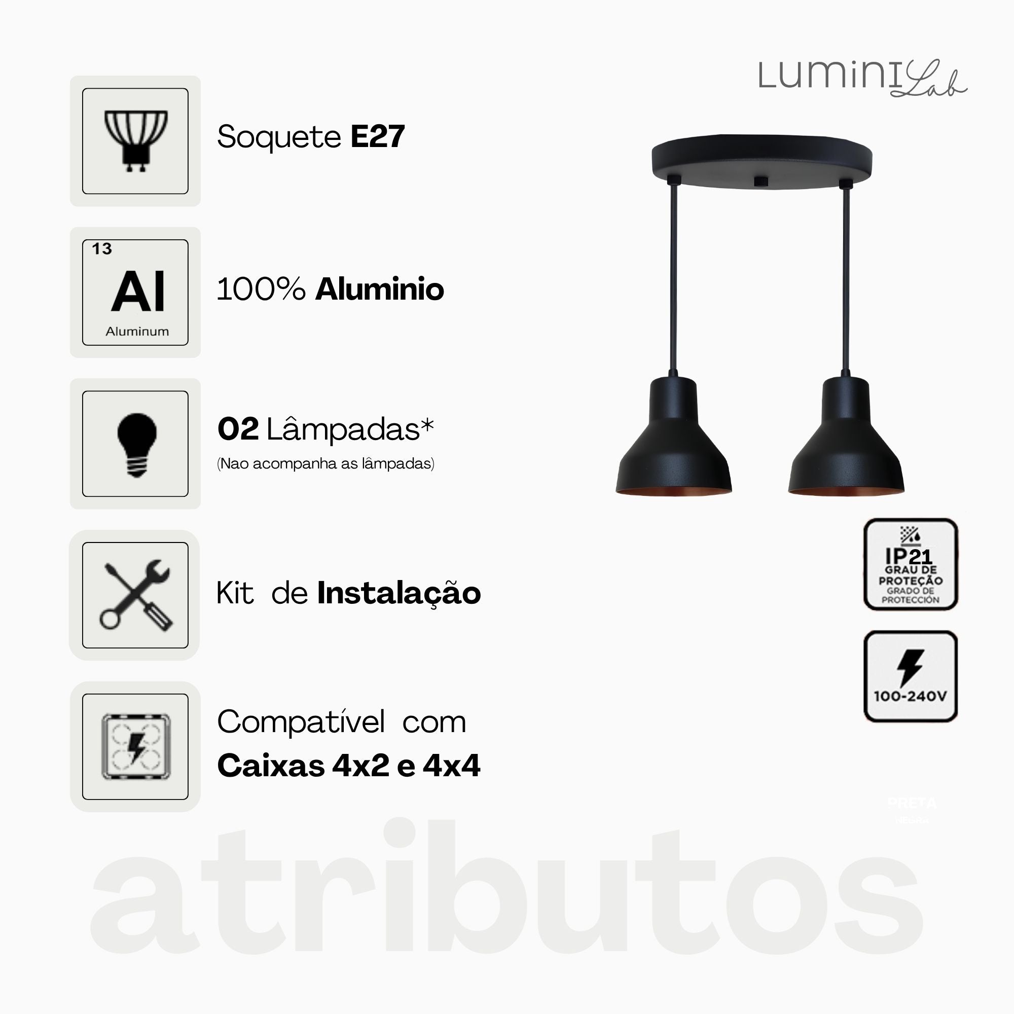 Pendente Sino Aluminio Teto E27 2 Luzes Lumini Lab