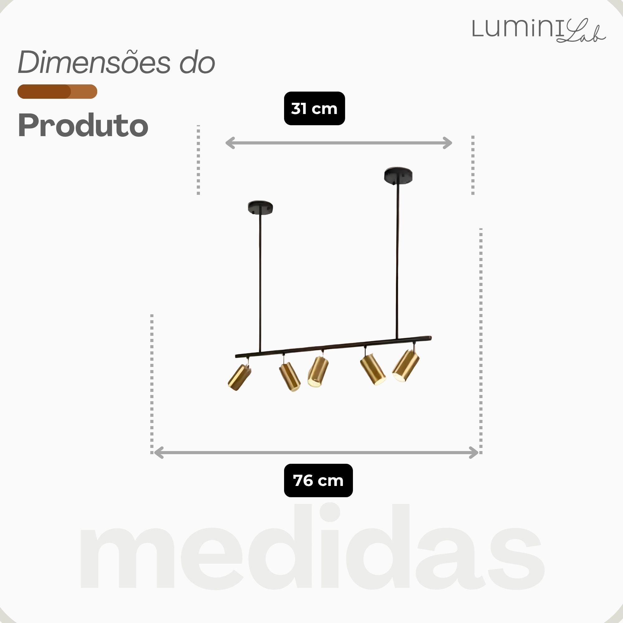Pendente Lume Aluminio Teto Cabo 1 metro 5 Luzes E27 Bivolt Lumini Lab