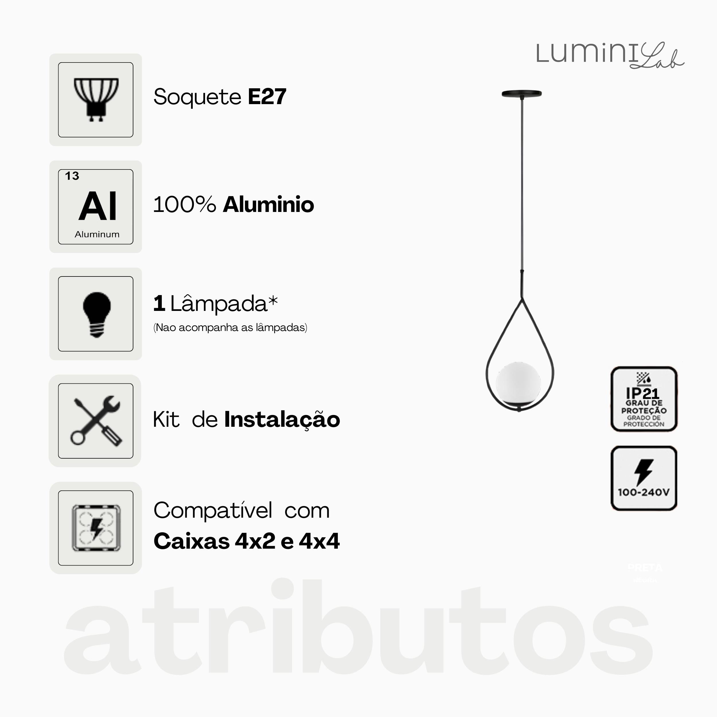 Pendente Bagda Aluminio Teto E27 1 Luz Lumini Lab