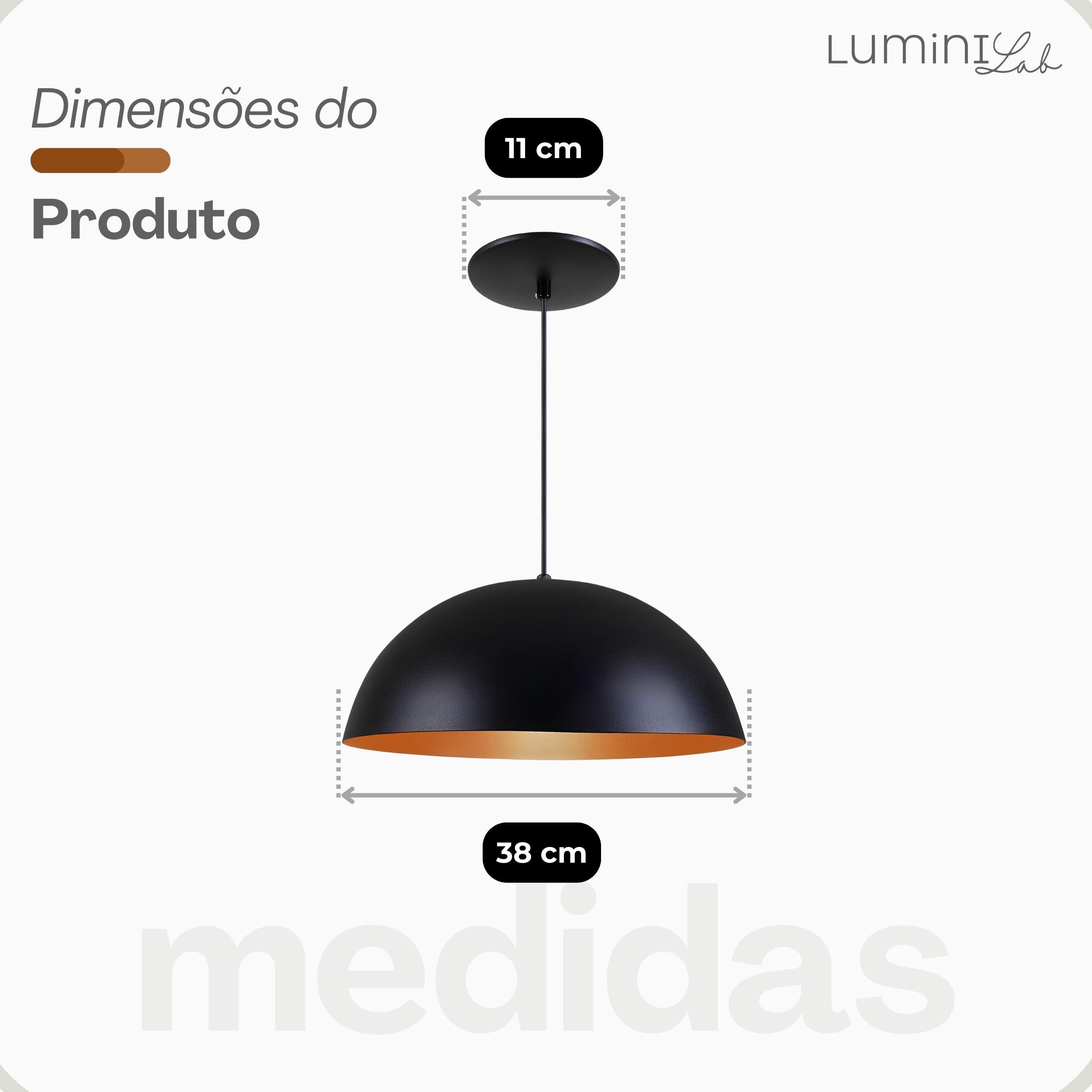 Pendente Meia Lua 38 Aluminio Teto Cabo 1 metro 1 Luz E27 Bivolt Lumini Lab